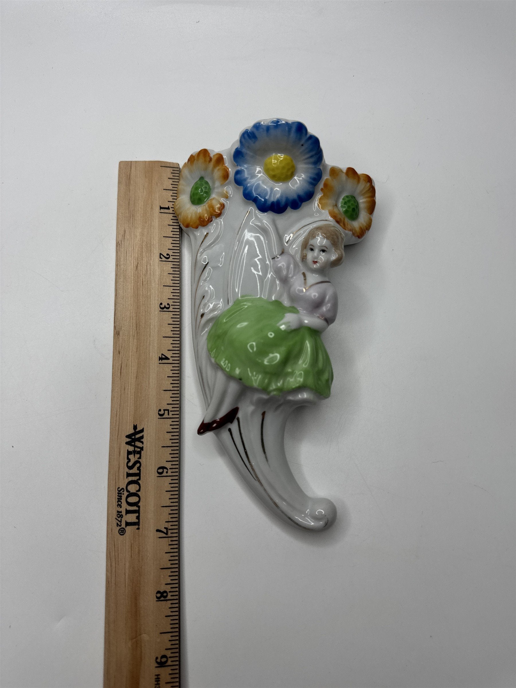 Vintage 1950s Japan Art Deco Wall Pocket Vase Floral Girl Cottage Core Planter