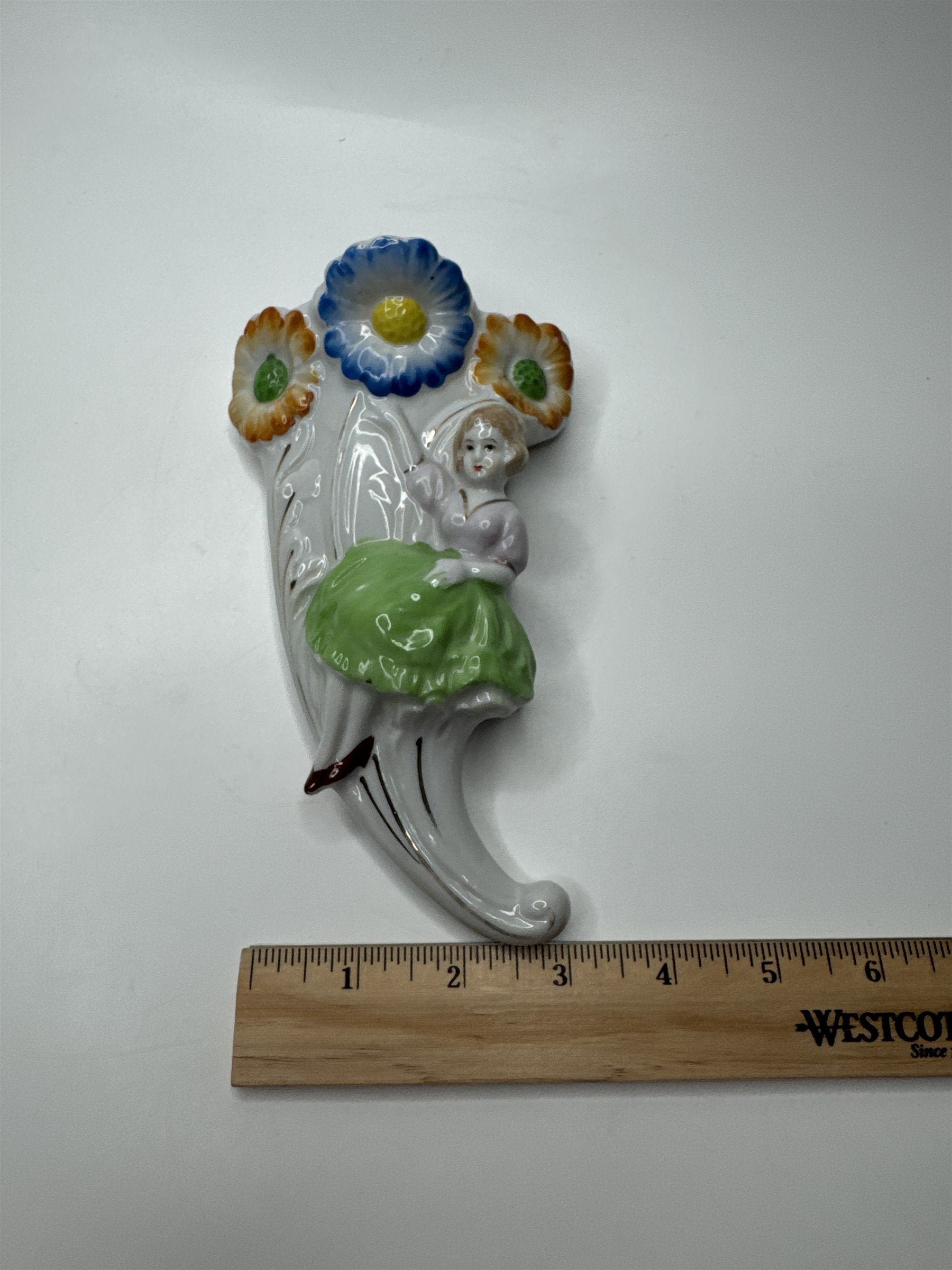 Vintage 1950s Japan Art Deco Wall Pocket Vase Floral Girl Cottage Core Planter