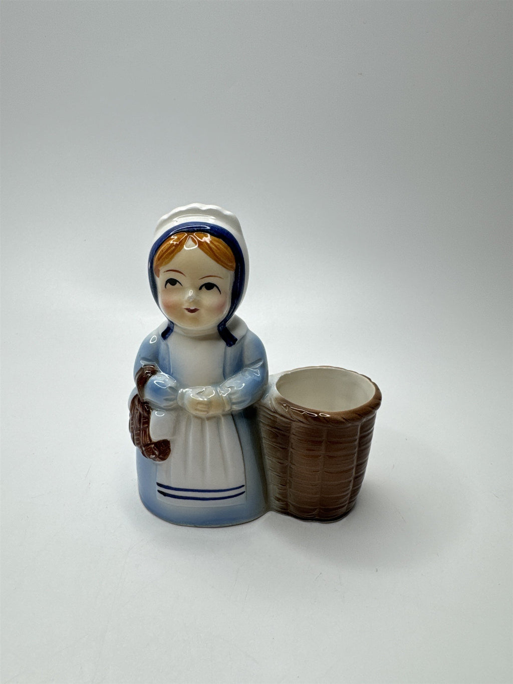 Vintage Dutch Amish Girl Toothpick Holder Ceramic Basket