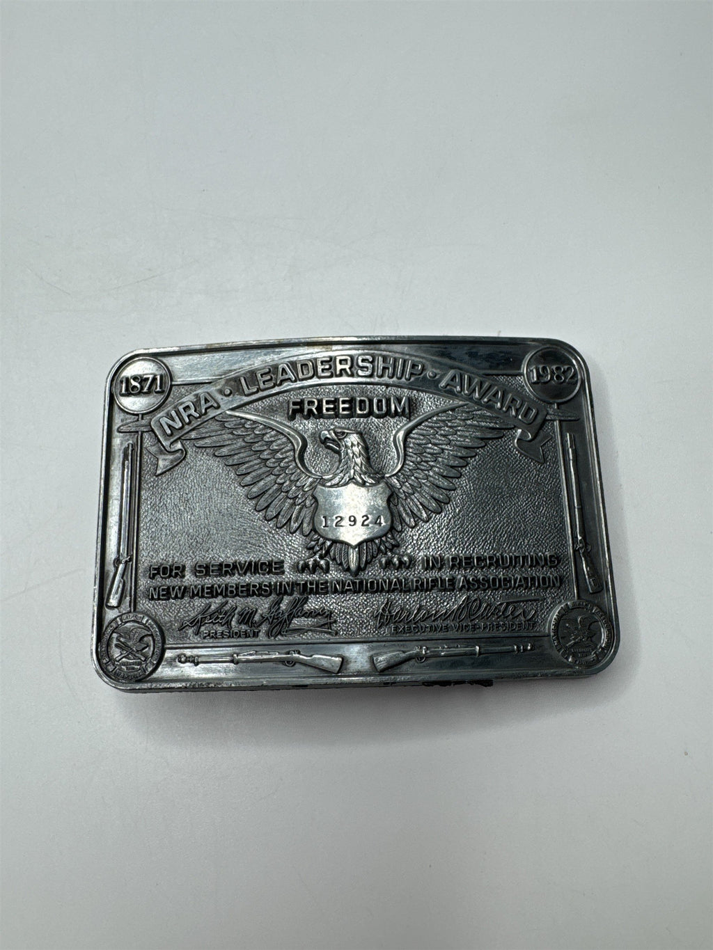 Vintage 1982 NRA Leadership Award Belt Buckle Award Numbered