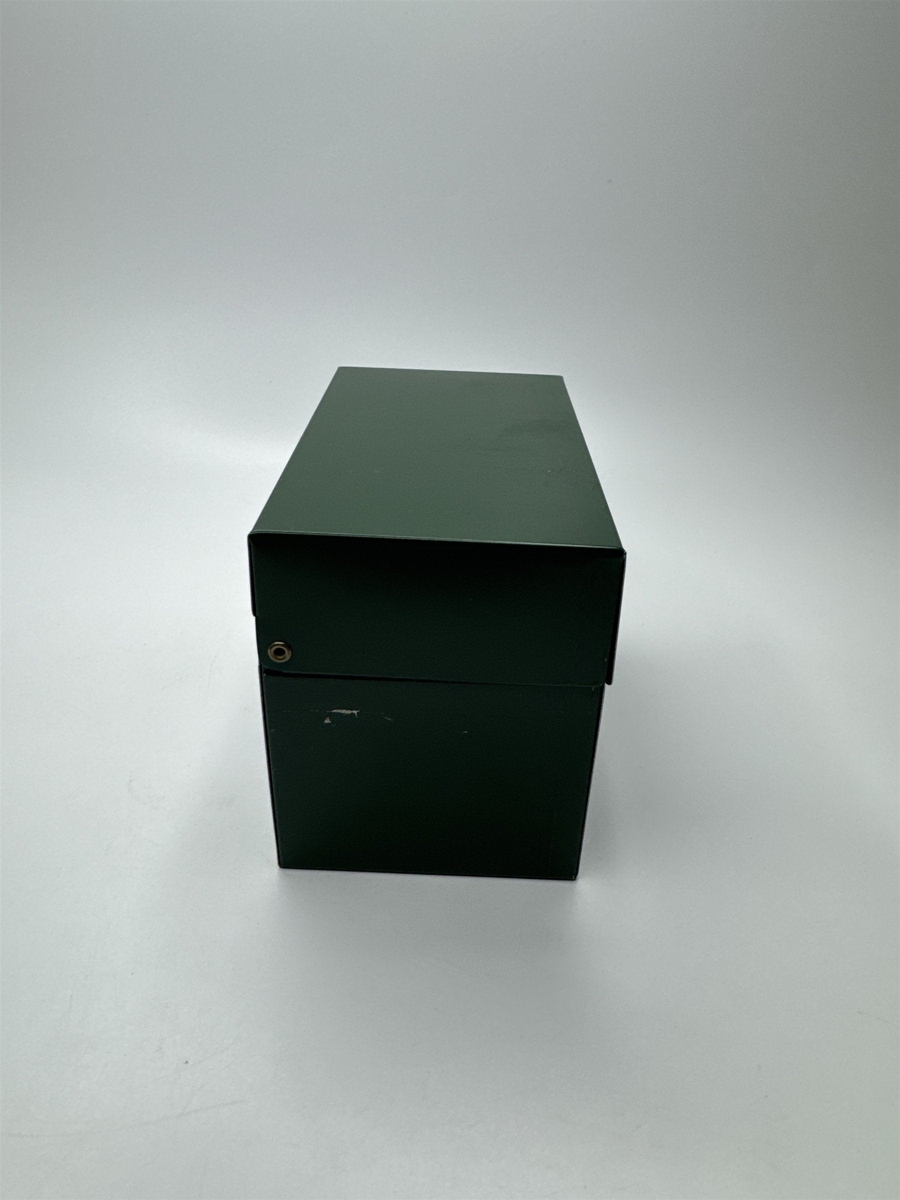 Vintage Army Green Olive Green Metal Recipe Box Trinket Jewelry Container Tin