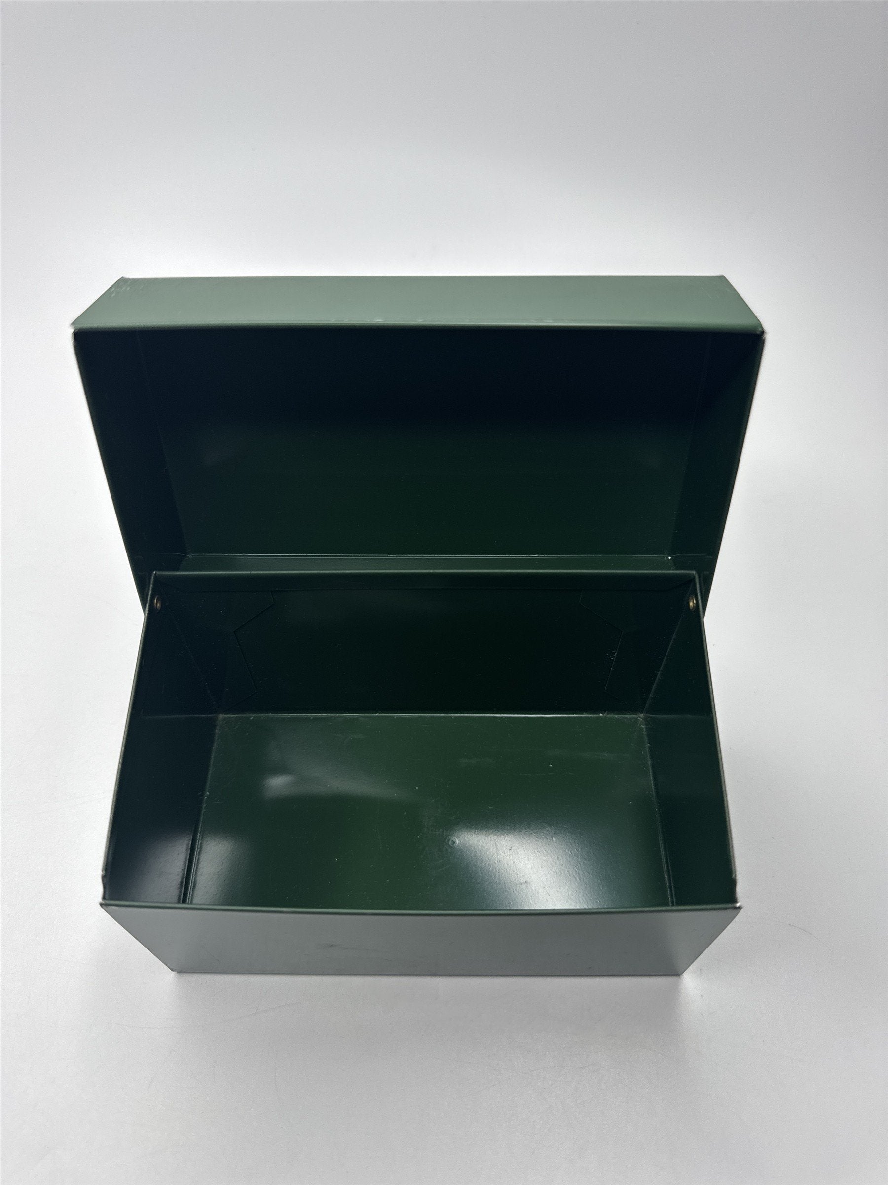 Vintage Army Green Olive Green Metal Recipe Box Trinket Jewelry Container Tin