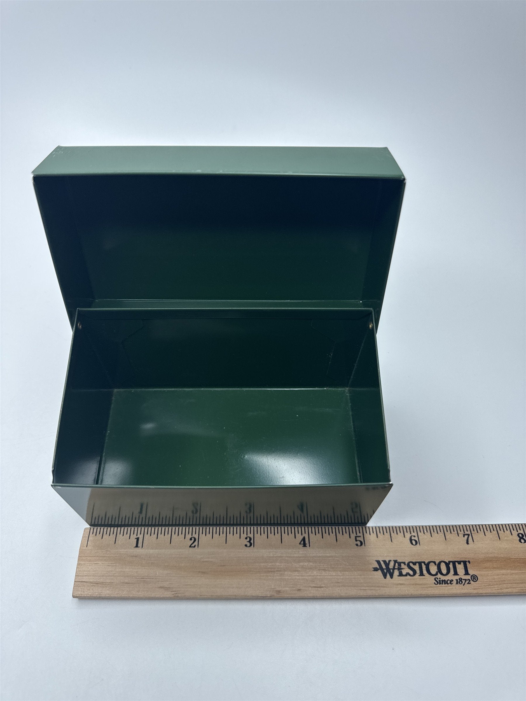 Vintage Army Green Olive Green Metal Recipe Box Trinket Jewelry Container Tin