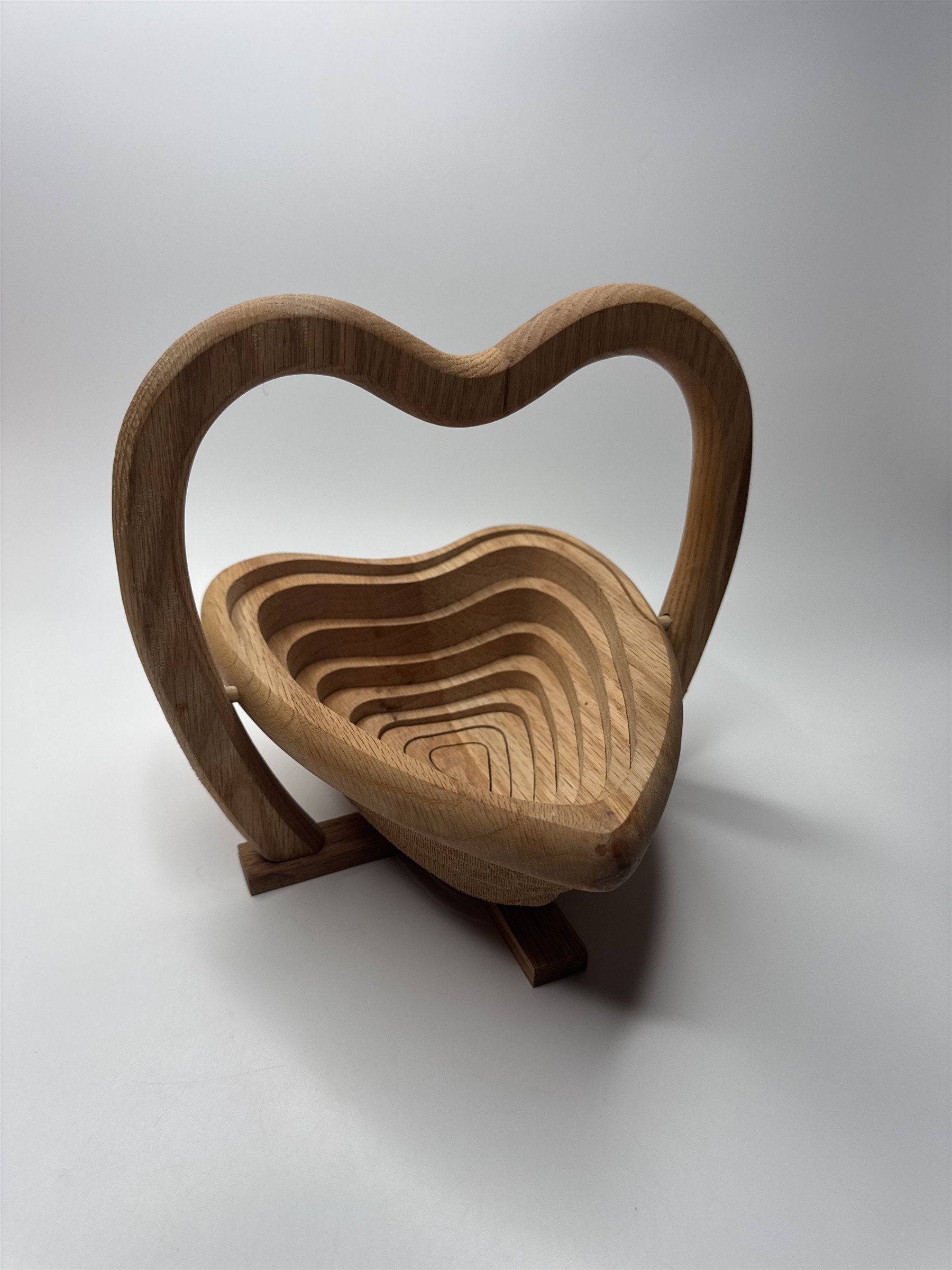 Vintage Handmade Heart Shaped Collapsible Convertible Wooden Bowl/Basket/Trivet