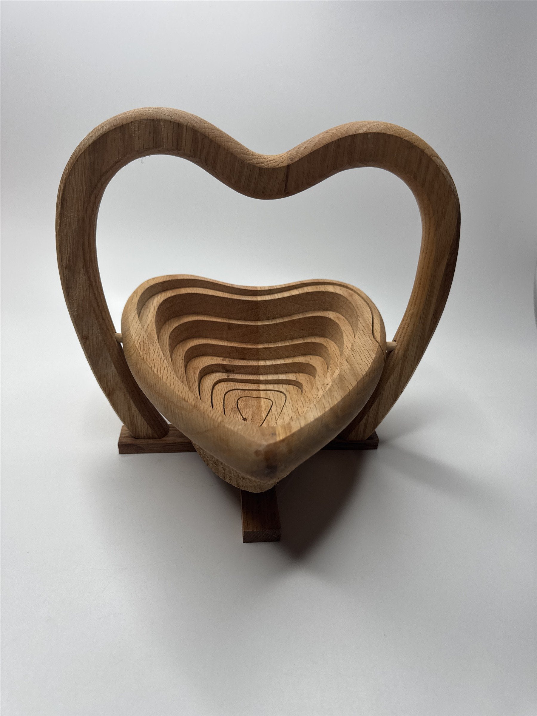 Vintage Handmade Heart Shaped Collapsible Convertible Wooden Bowl/Basket/Trivet