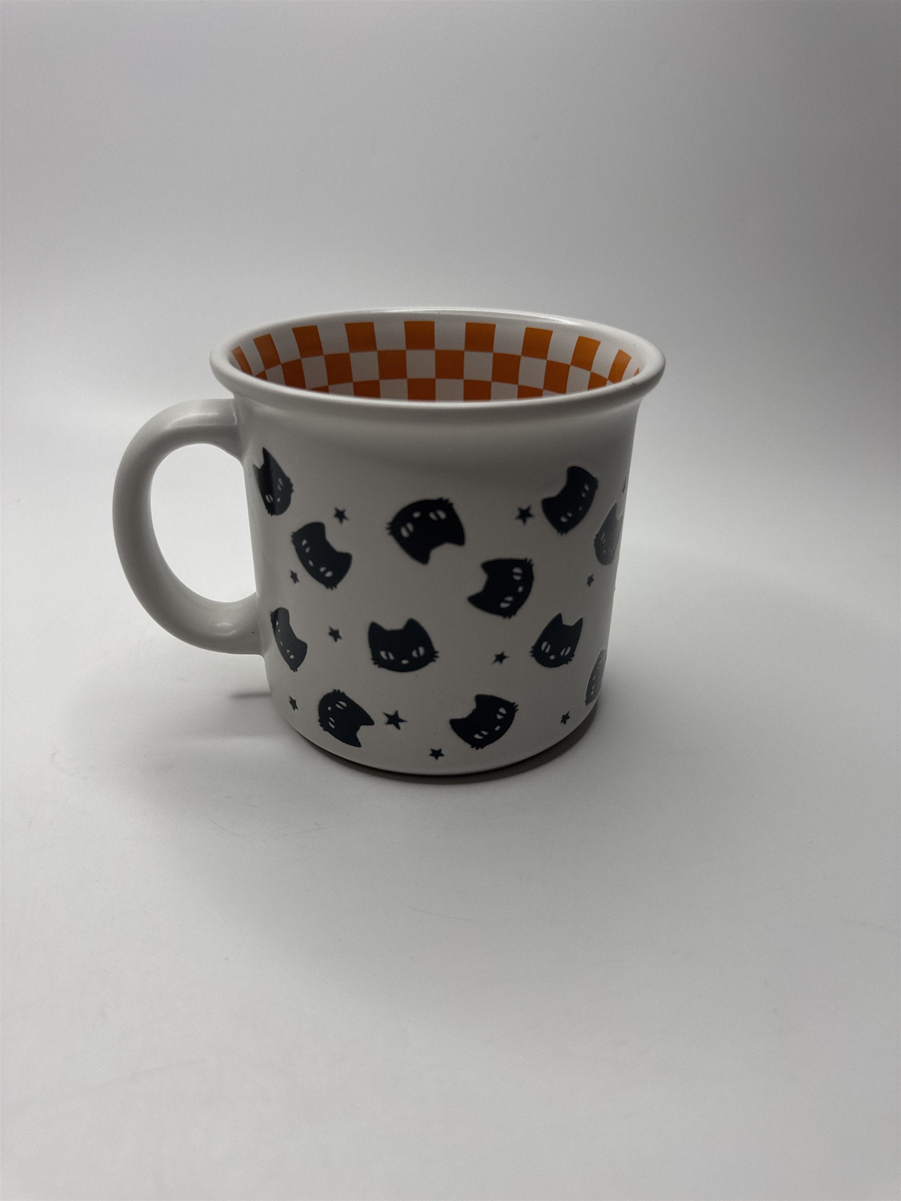 Halloween Mug White and Orange Checkered Black Cats Winifred & Lily Coffee Mug