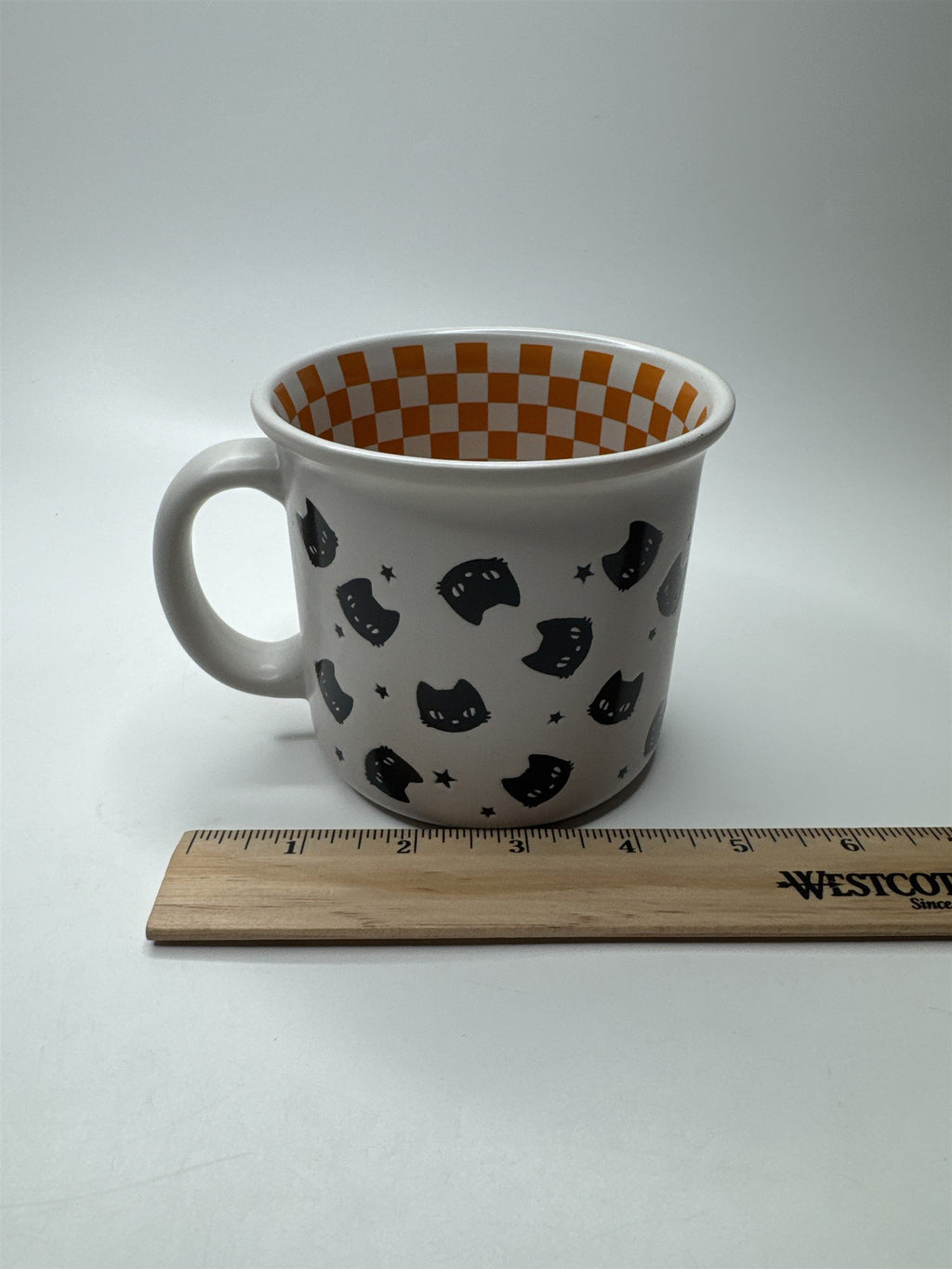 Halloween Mug White and Orange Checkered Black Cats Winifred & Lily Coffee Mug