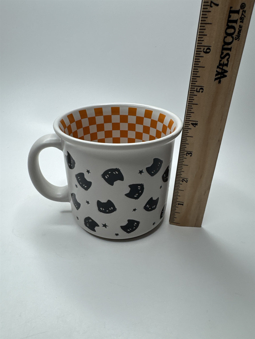 Halloween Mug White and Orange Checkered Black Cats Winifred & Lily Coffee Mug