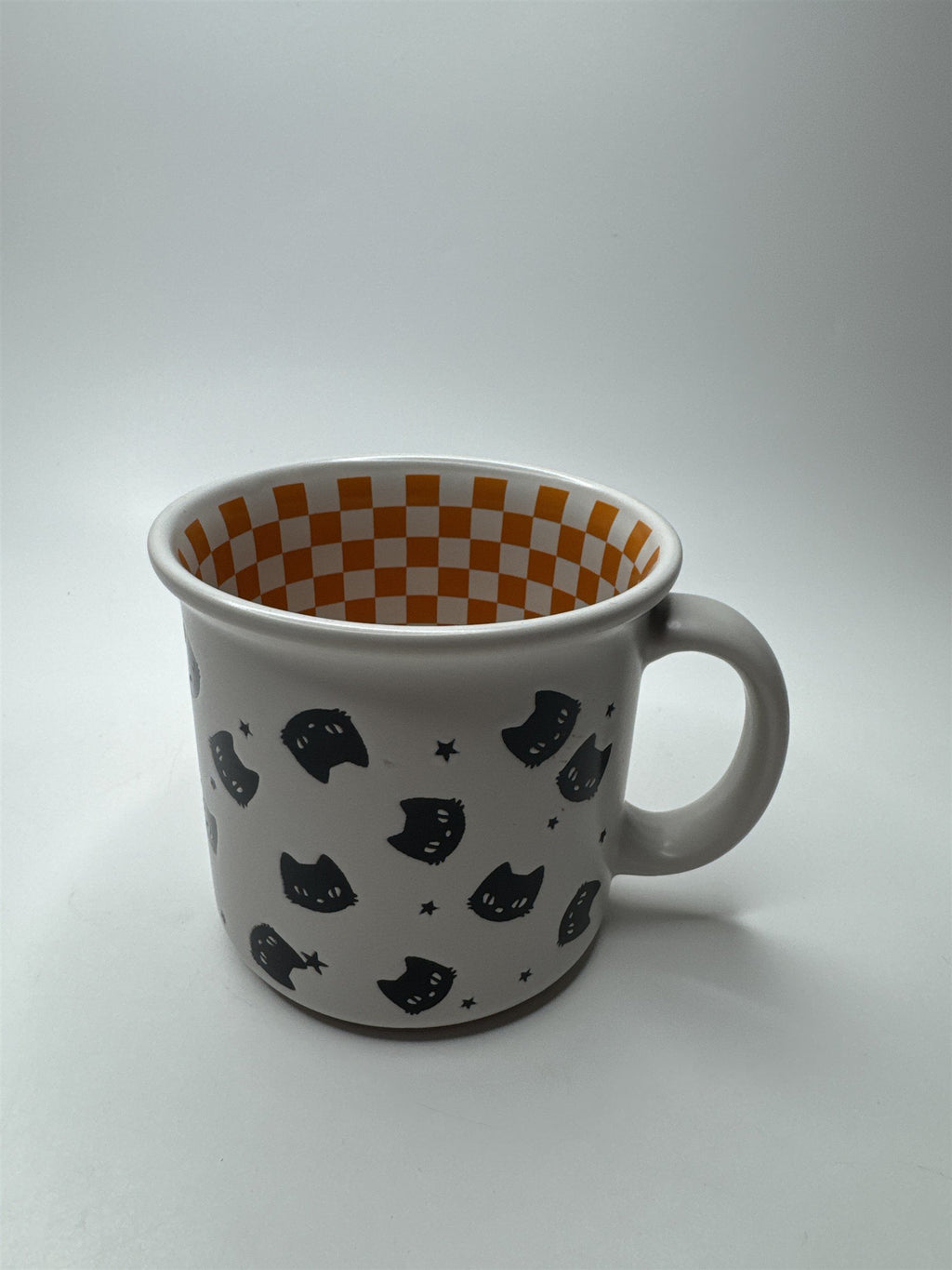 Halloween Mug White and Orange Checkered Black Cats Winifred & Lily Coffee Mug