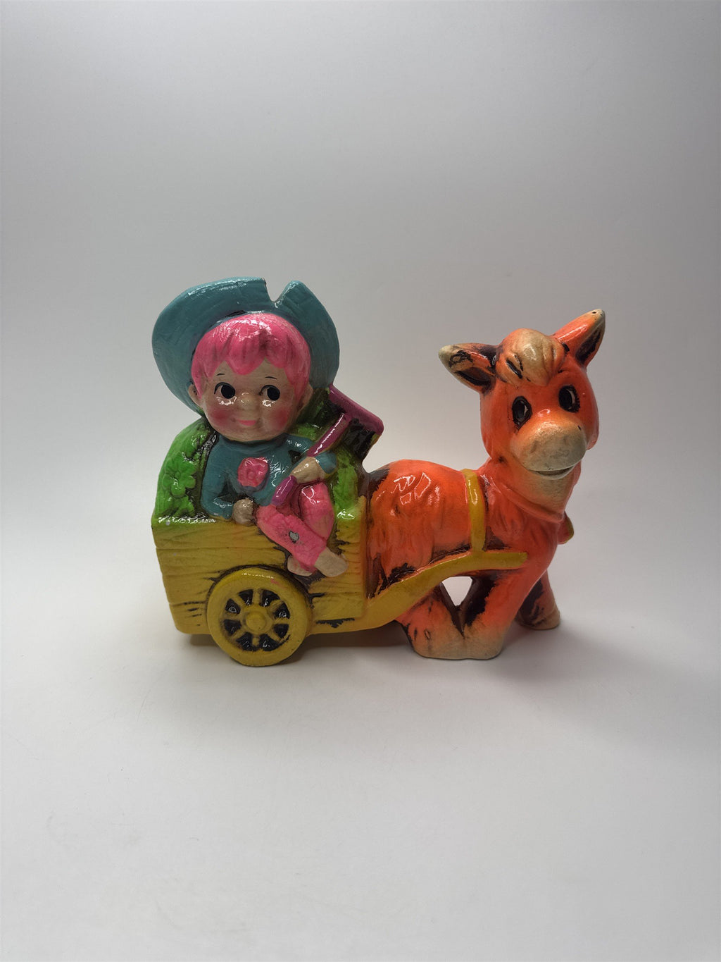Vintage Whimsical Coin Bank Boy on Cart with Orange Donkey Handmade Japan