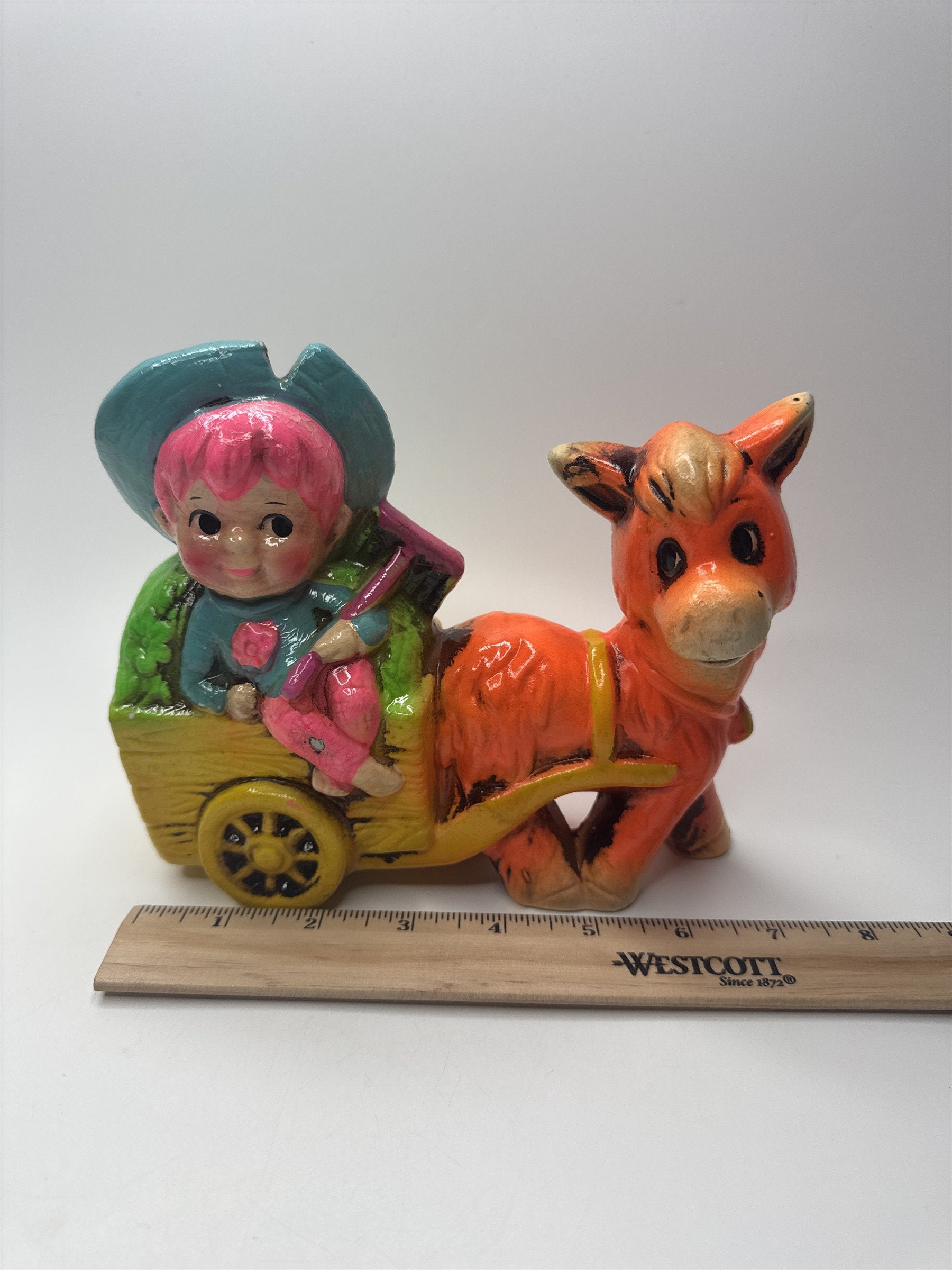 Vintage Whimsical Coin Bank Boy on Cart with Orange Donkey Handmade Japan