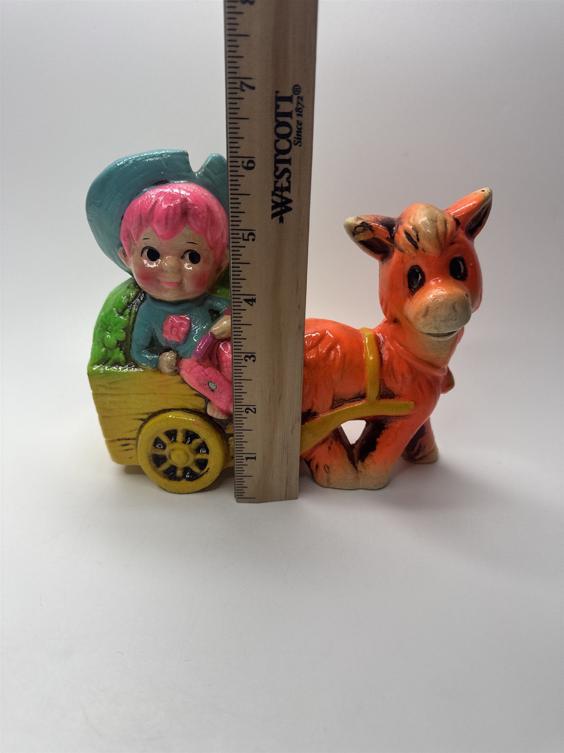Vintage Whimsical Coin Bank Boy on Cart with Orange Donkey Handmade Japan