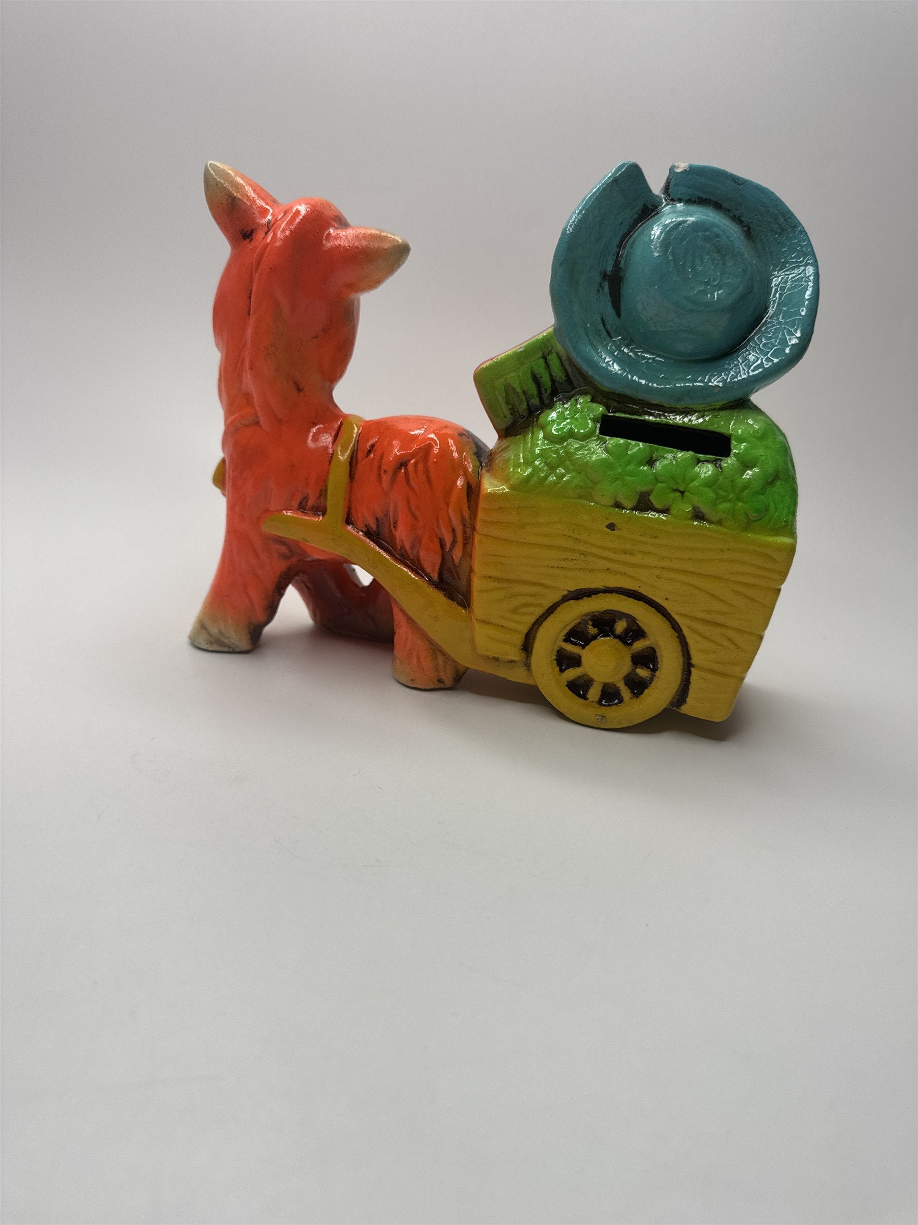Vintage Whimsical Coin Bank Boy on Cart with Orange Donkey Handmade Japan
