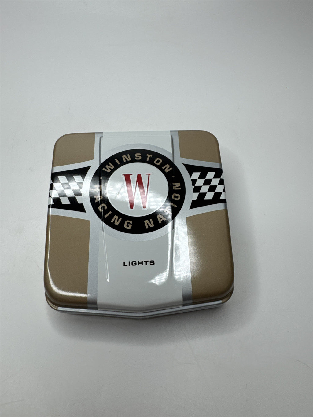 Vtg Winston Racing Nation Racecar Hood Flip Top Empty Cigarette Container Tin