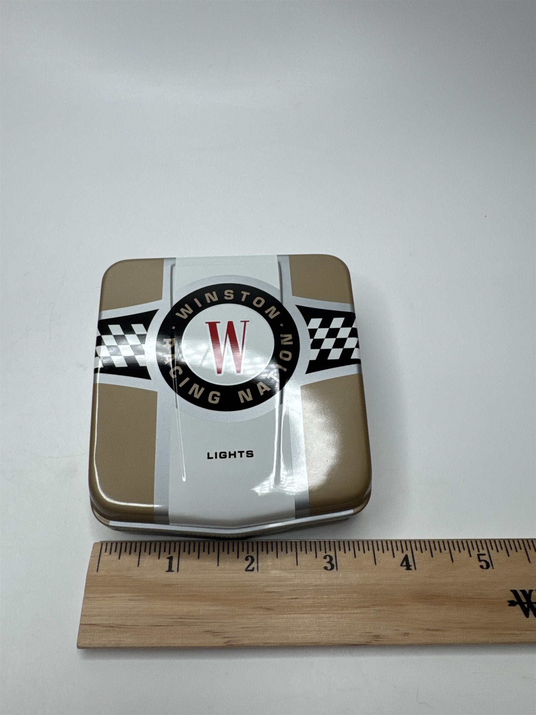 Vtg Winston Racing Nation Racecar Hood Flip Top Empty Cigarette Container Tin