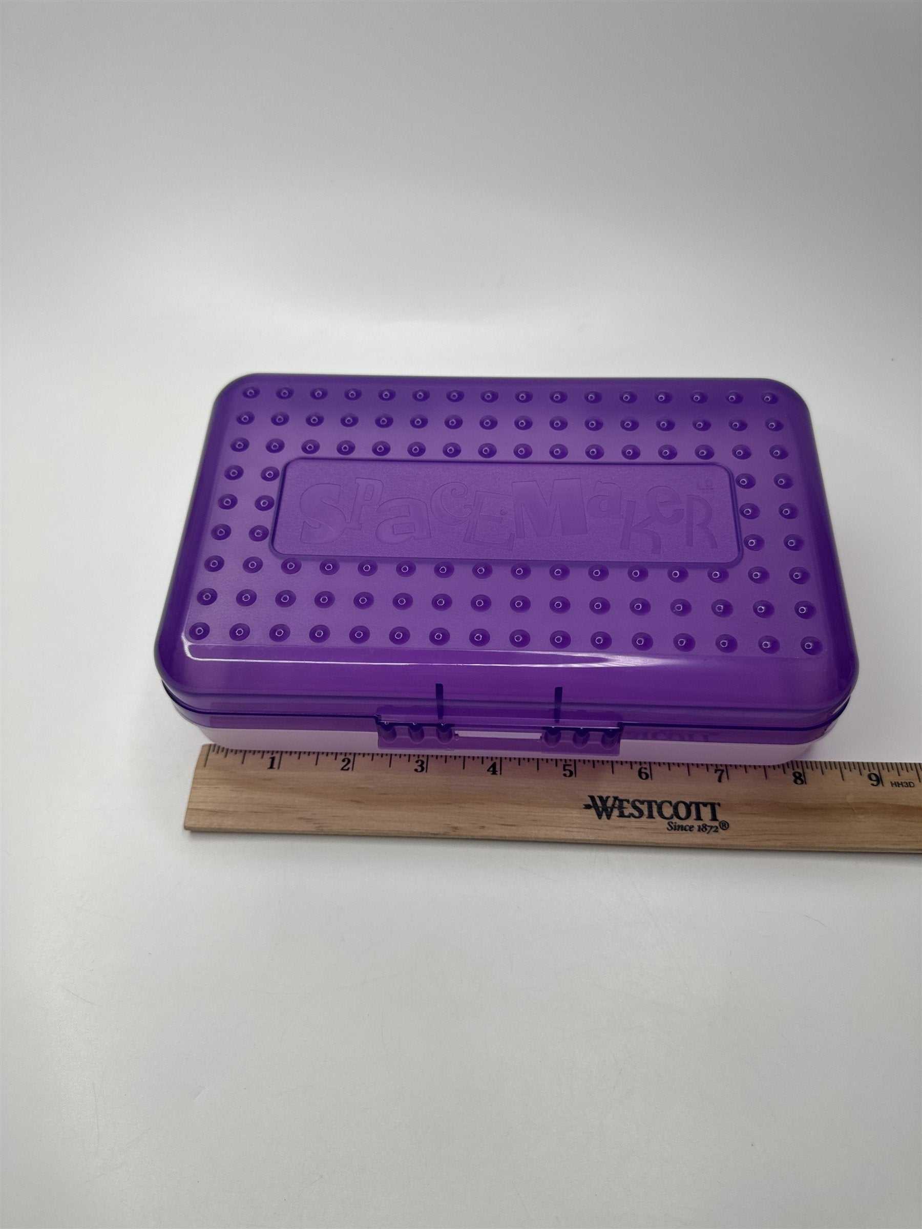 Vintage Spacemaker Pencil Box w Hatch Latching Lid Newell Office Products PURPLE