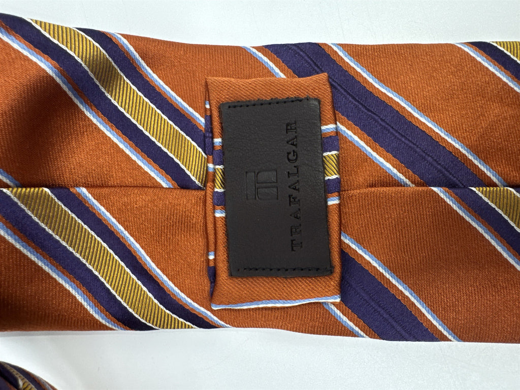 Orange, Yellow And Purple Striped Trafalgar 100 Percent Silk Men's Neck Tie