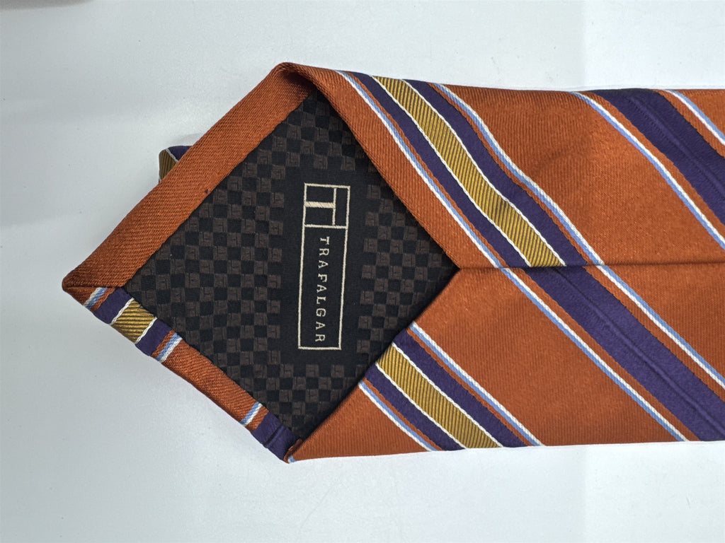 Orange, Yellow And Purple Striped Trafalgar 100 Percent Silk Men's Neck Tie
