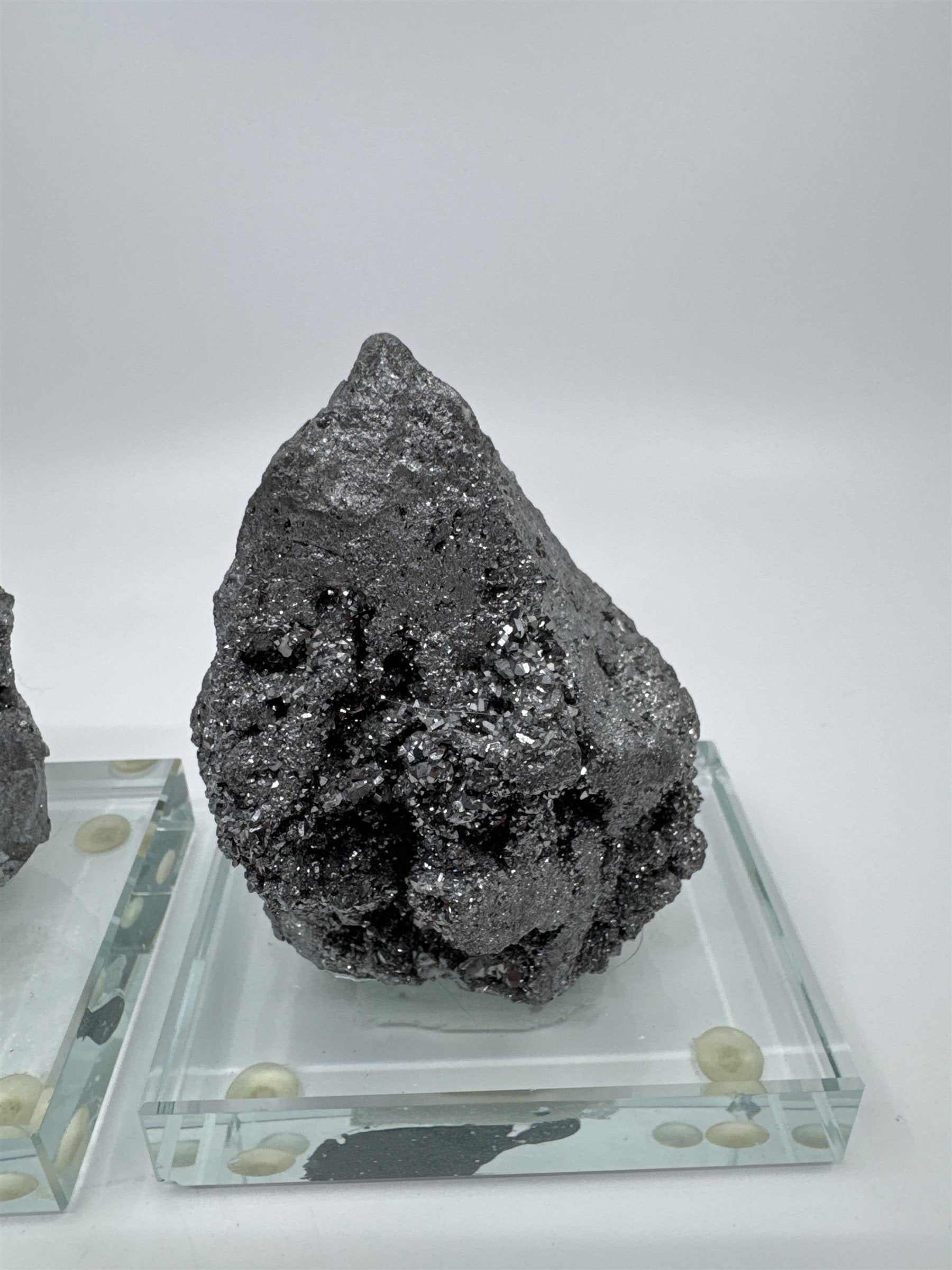 Set of Two Silver Pyrite? Paperweight Decorative Sculptures on Glass Bases