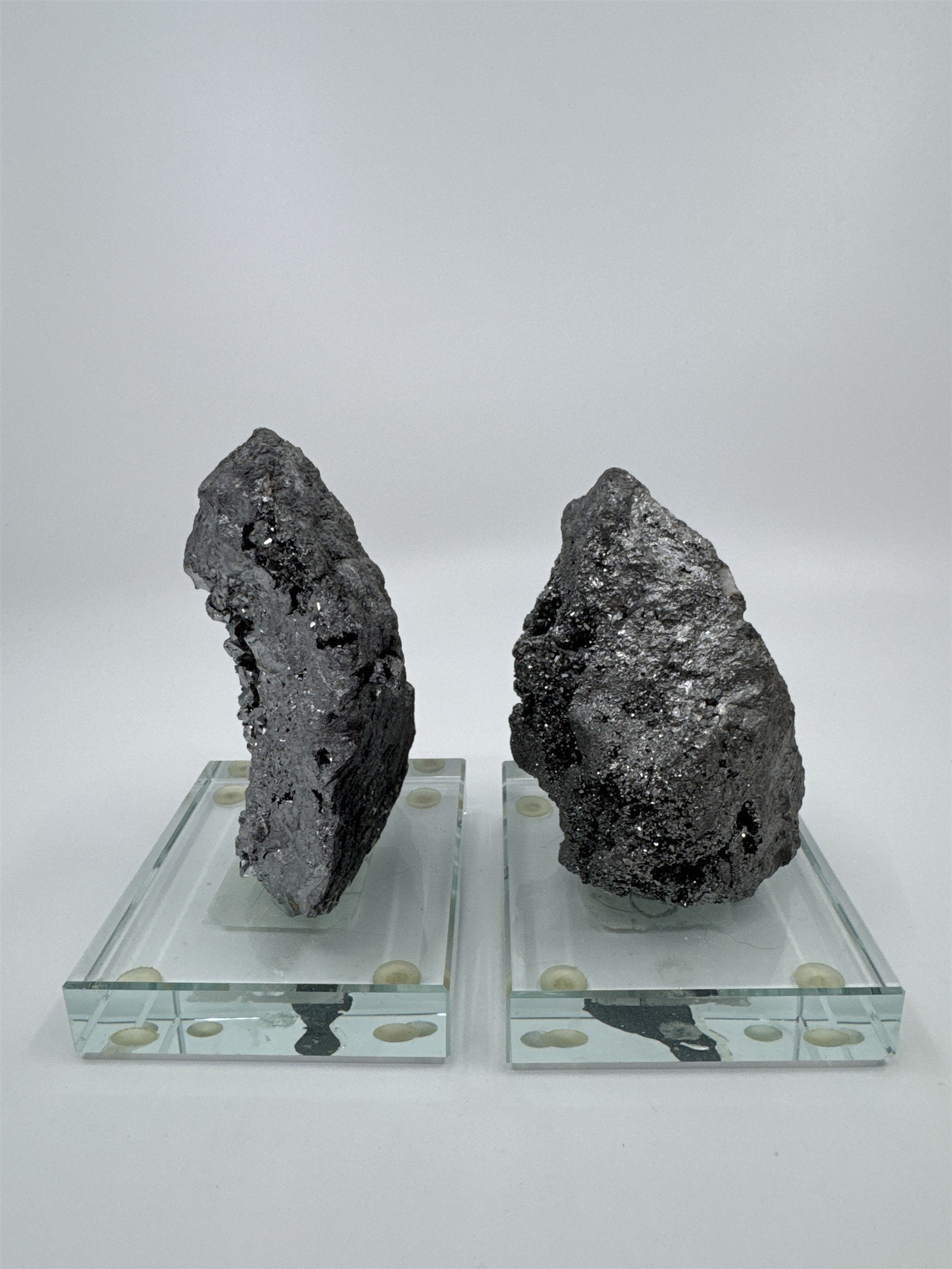 Set of Two Silver Pyrite? Paperweight Decorative Sculptures on Glass Bases