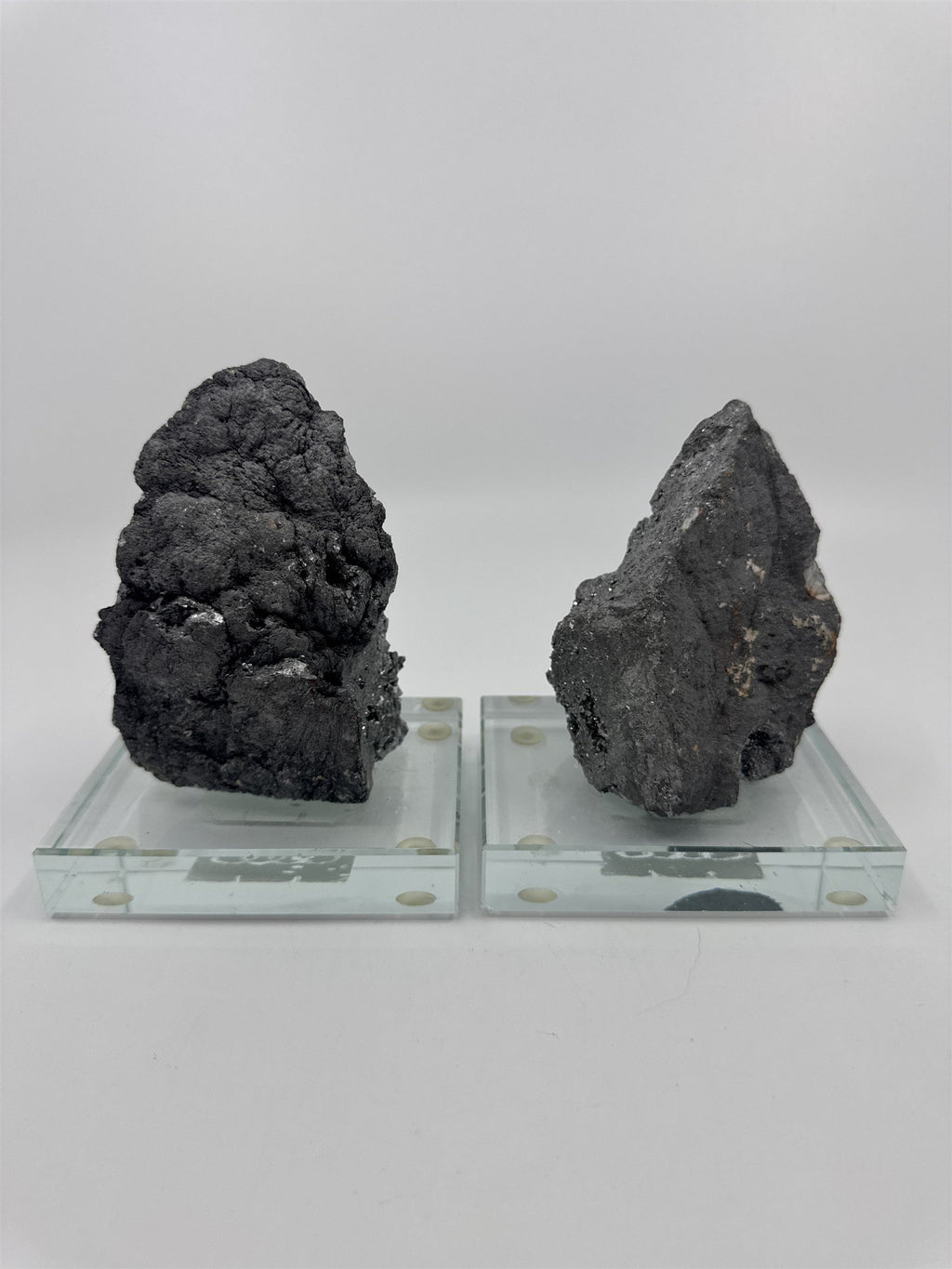 Set of Two Silver Pyrite? Paperweight Decorative Sculptures on Glass Bases