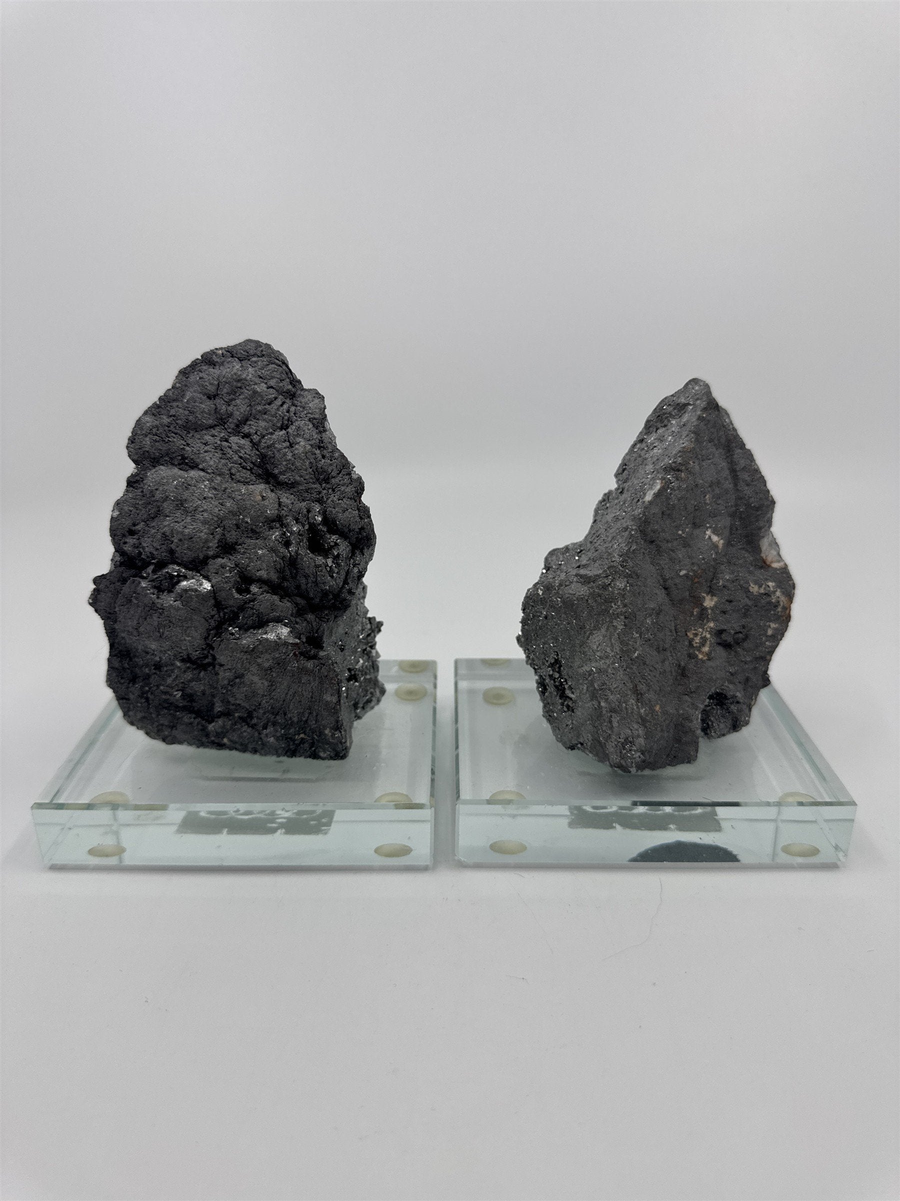 Set of Two Silver Pyrite? Paperweight Decorative Sculptures on Glass Bases