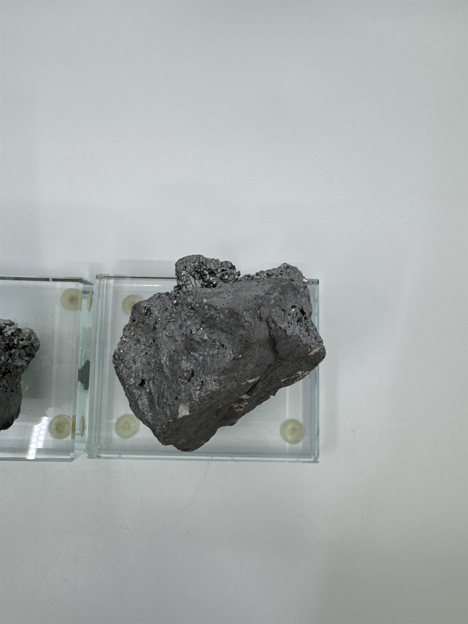 Set of Two Silver Pyrite? Paperweight Decorative Sculptures on Glass Bases