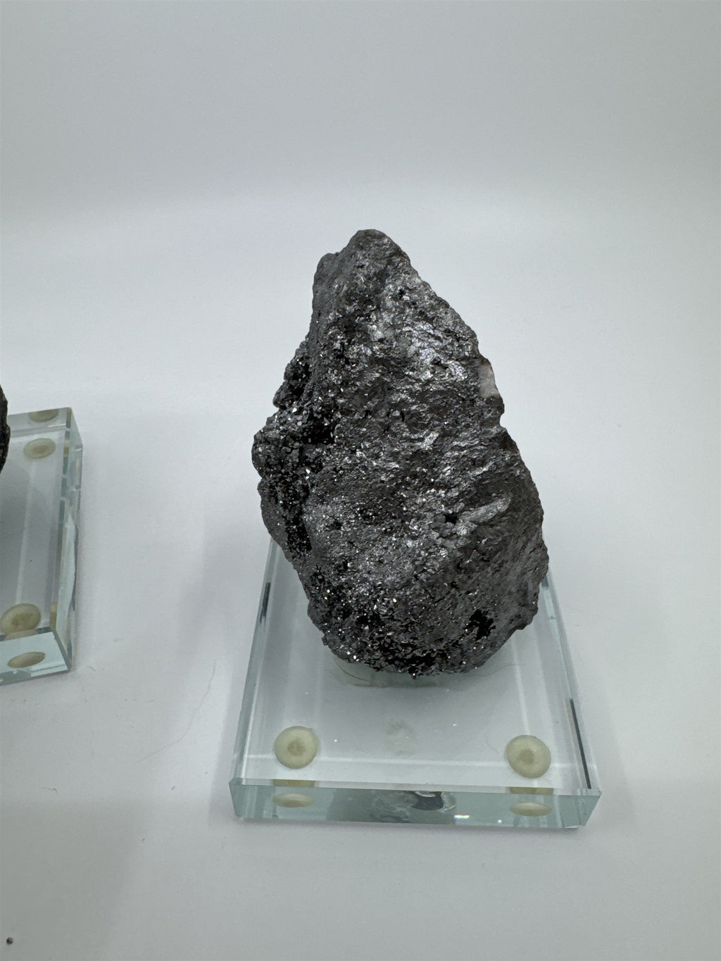 Set of Two Silver Pyrite? Paperweight Decorative Sculptures on Glass Bases
