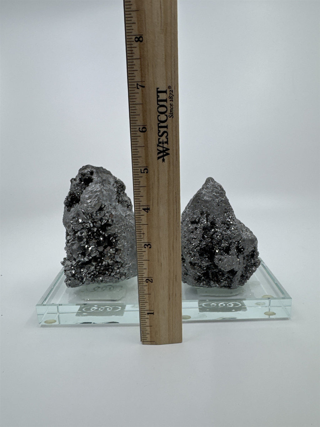 Set of Two Silver Pyrite? Paperweight Decorative Sculptures on Glass Bases