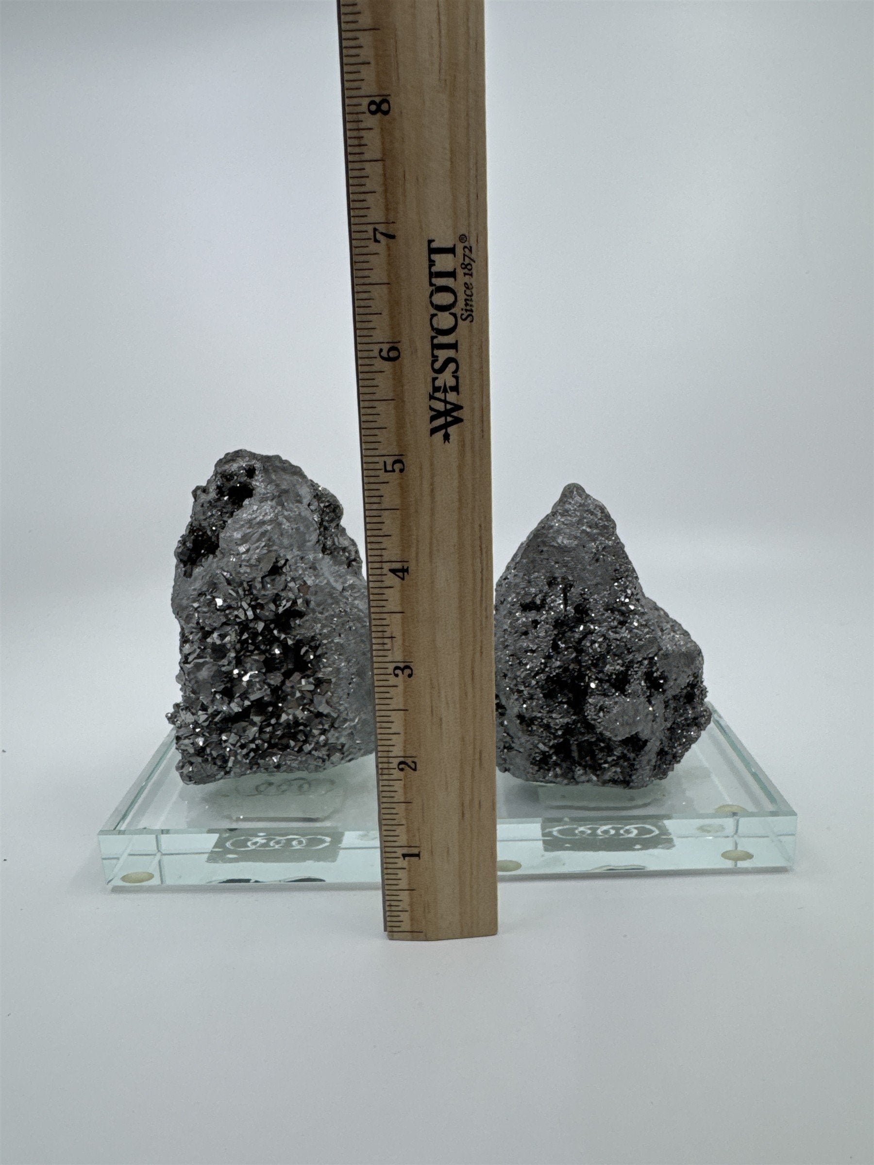 Set of Two Silver Pyrite? Paperweight Decorative Sculptures on Glass Bases