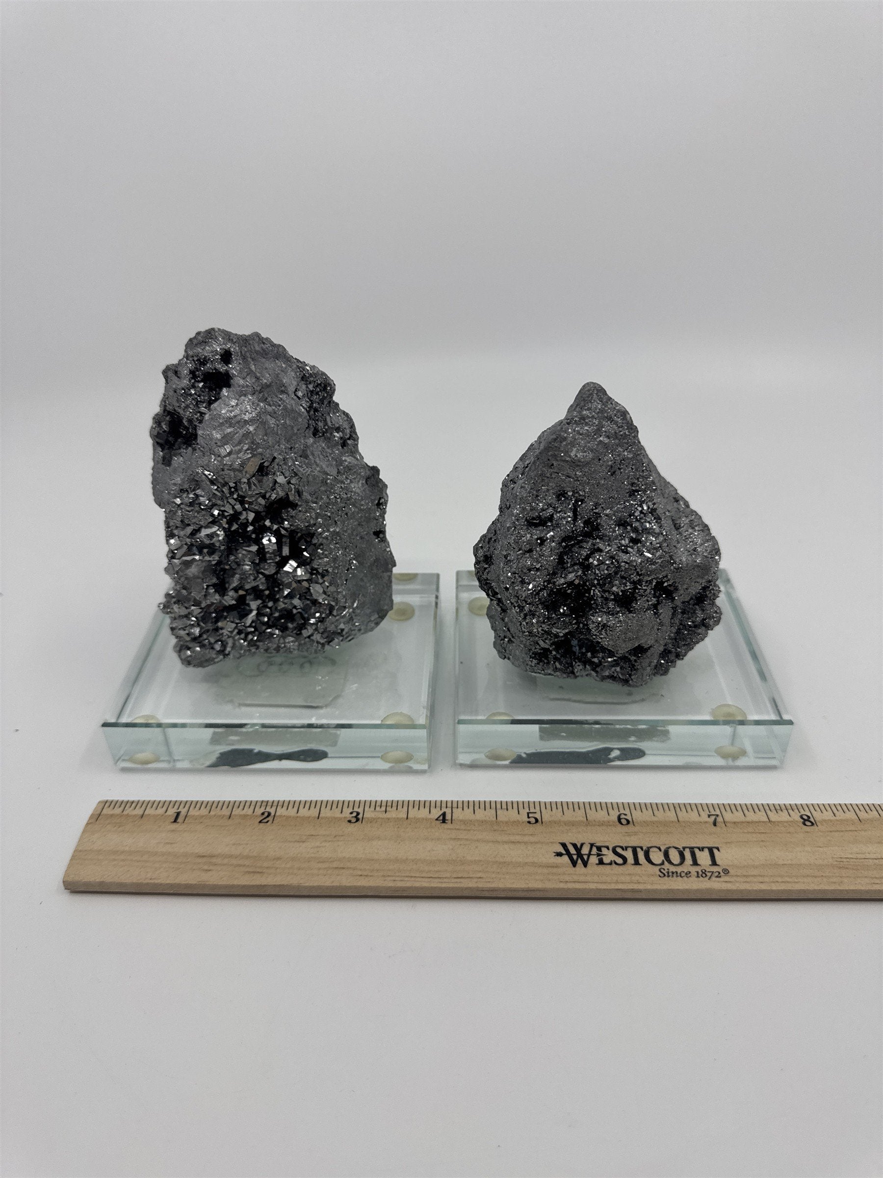 Set of Two Silver Pyrite? Paperweight Decorative Sculptures on Glass Bases