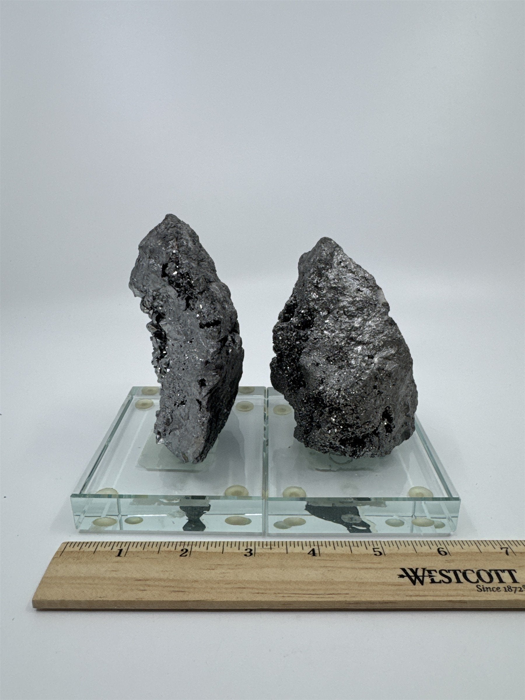 Set of Two Silver Pyrite? Paperweight Decorative Sculptures on Glass Bases