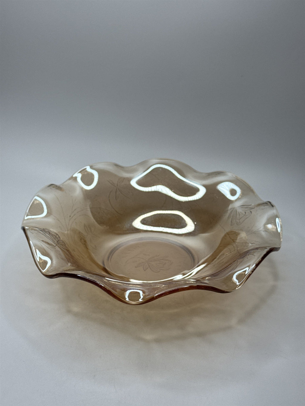 Vintage Amber Jeannette Glass Serving Bowl /w Ruffled Iris Pattern