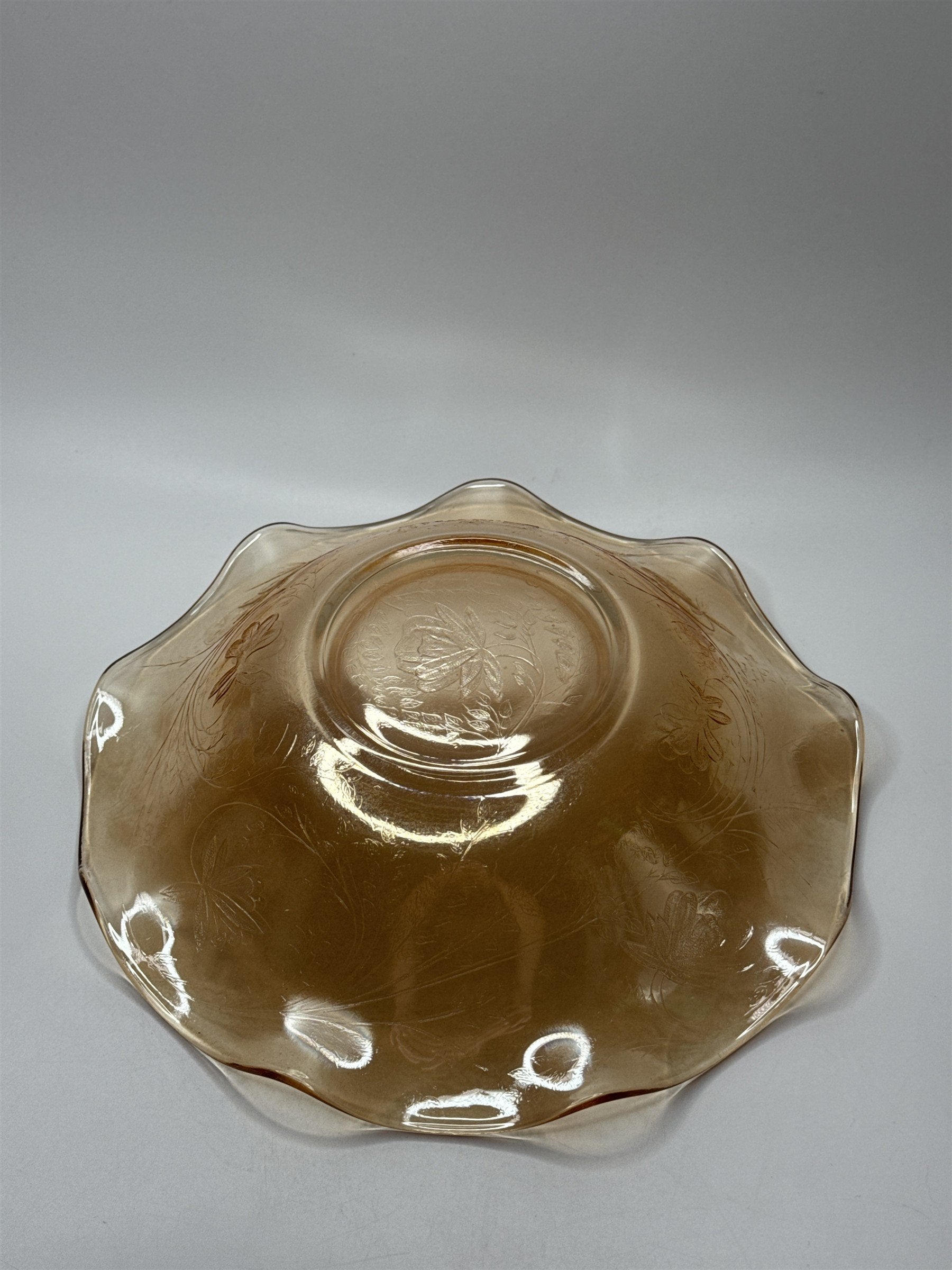 Vintage Amber Jeannette Glass Serving Bowl /w Ruffled Iris Pattern
