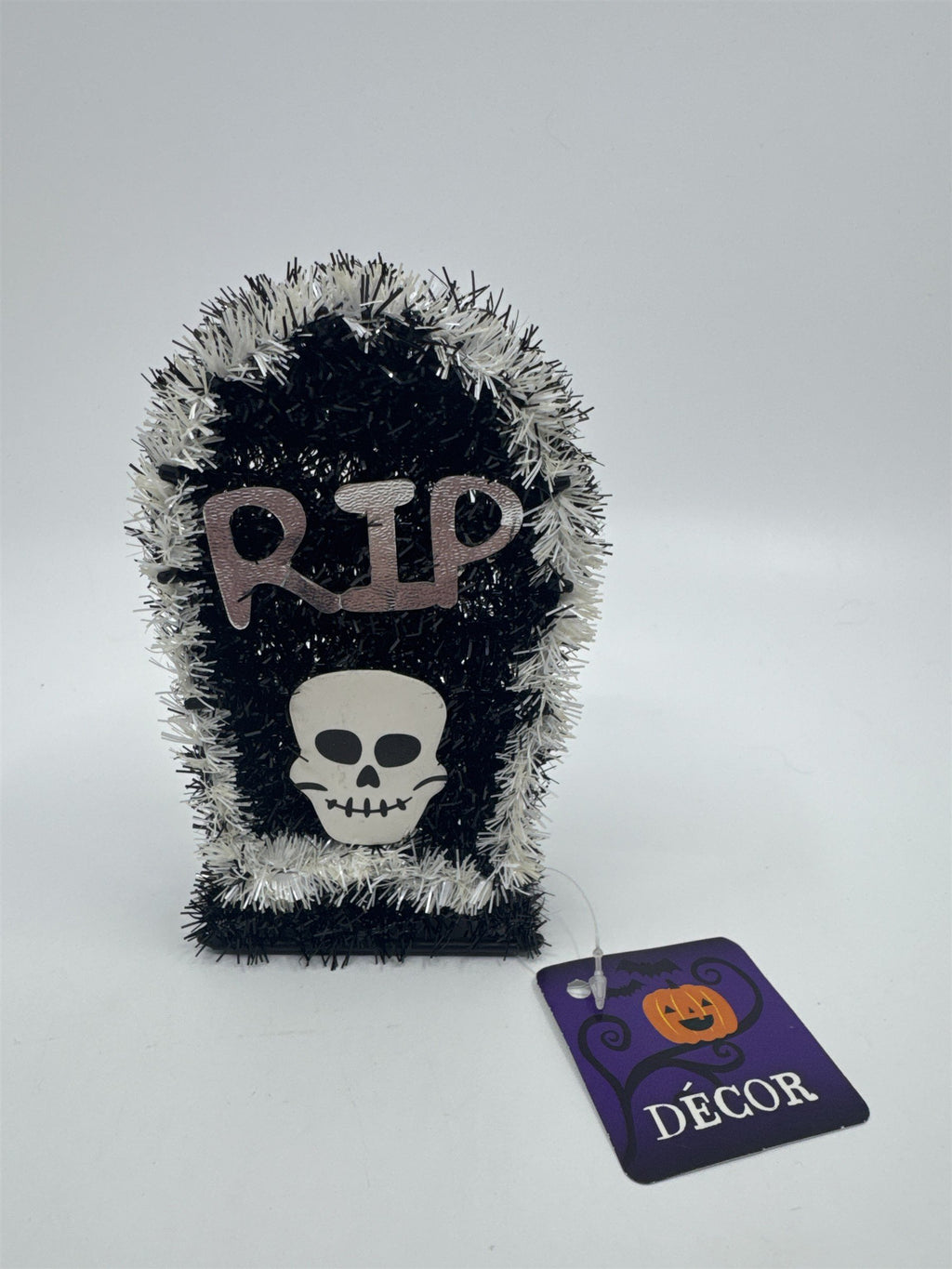 Halloween Black And White RIP Tombstone With Skull Sparkle Decor