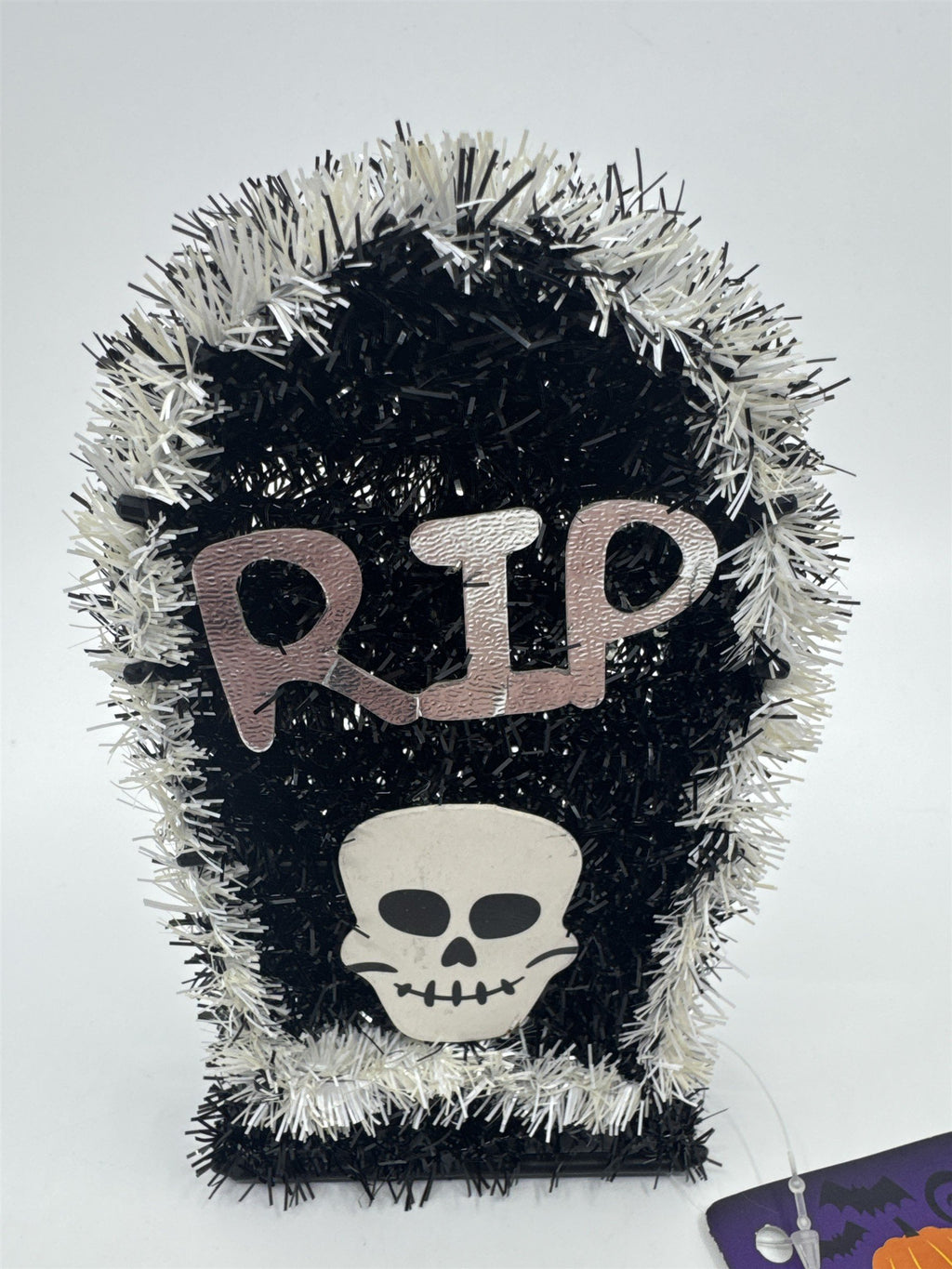 Halloween Black And White RIP Tombstone With Skull Sparkle Decor