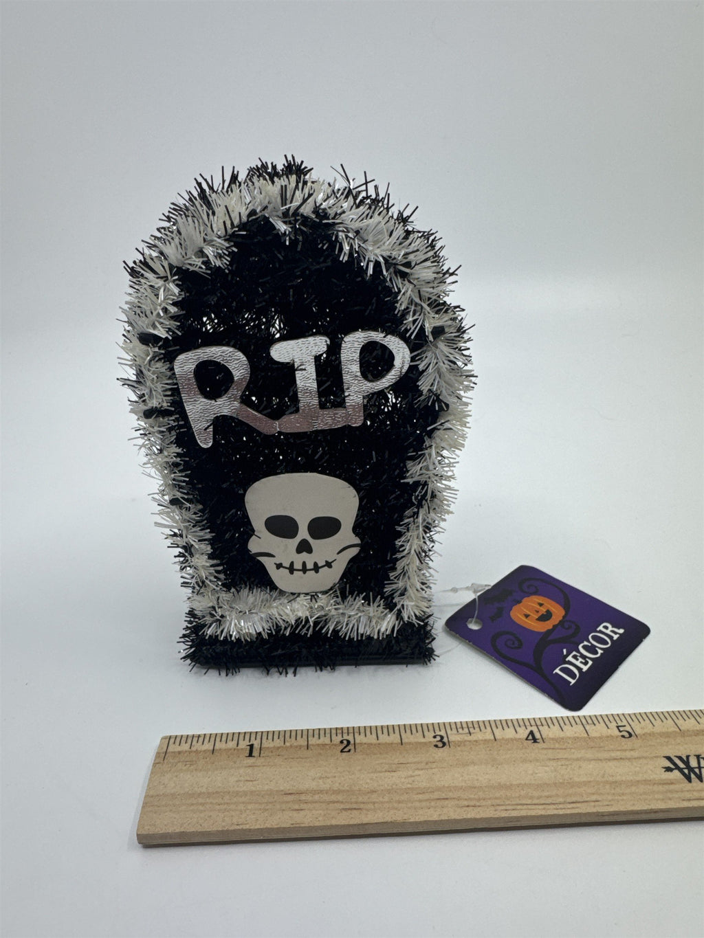 Halloween Black And White RIP Tombstone With Skull Sparkle Decor