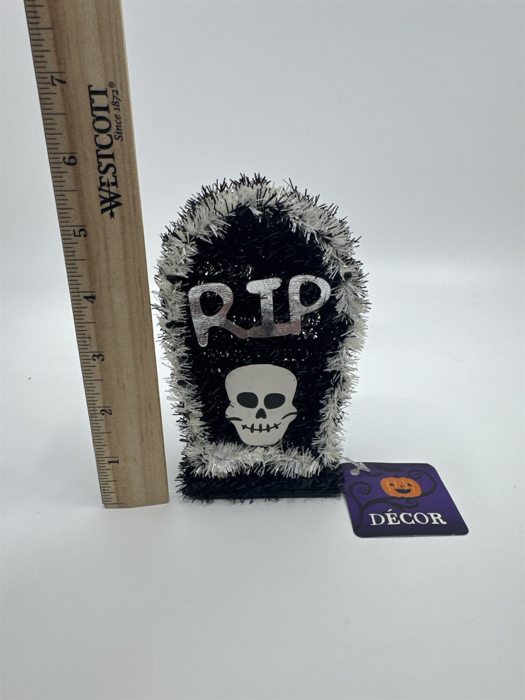 Halloween Black And White RIP Tombstone With Skull Sparkle Decor