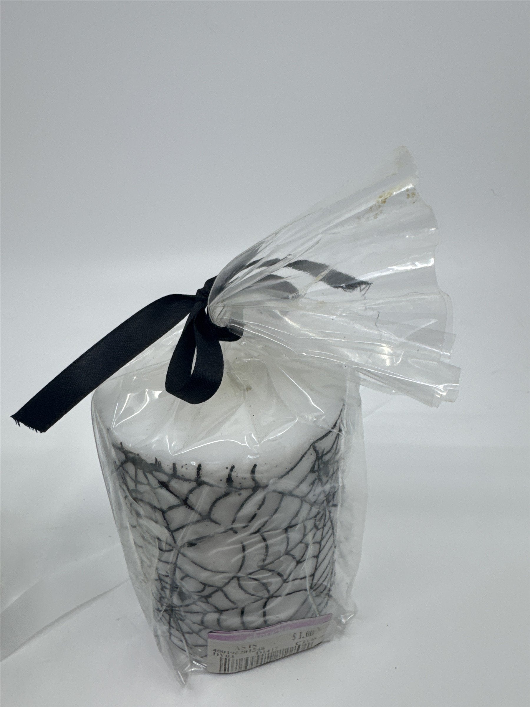 Set of Two White And Black Halloween Spider Web Candles In Plastic
