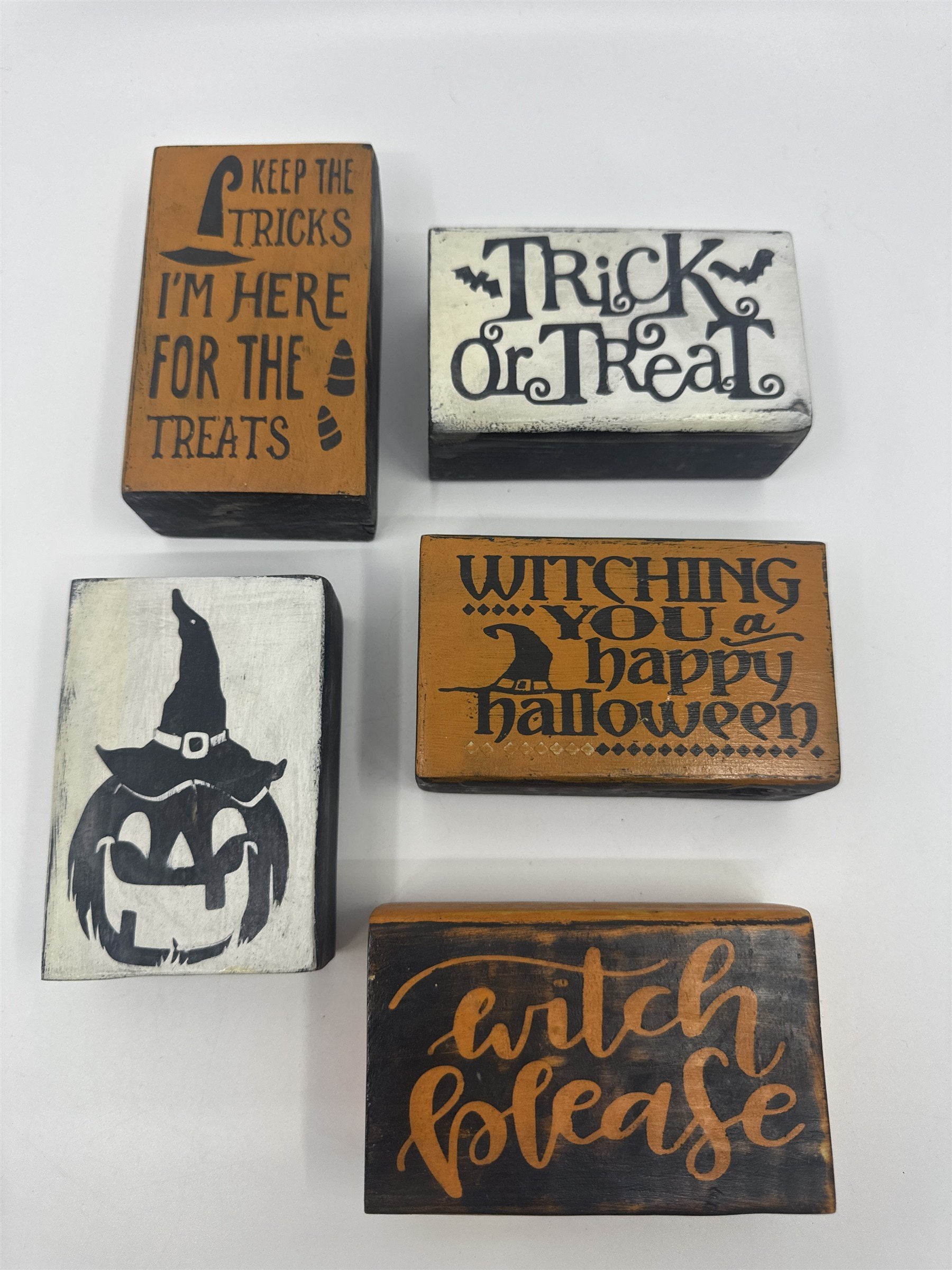 Set of Five Halloween Wooden Painted Blocks Witch, Pumpkin, Halloween Decor