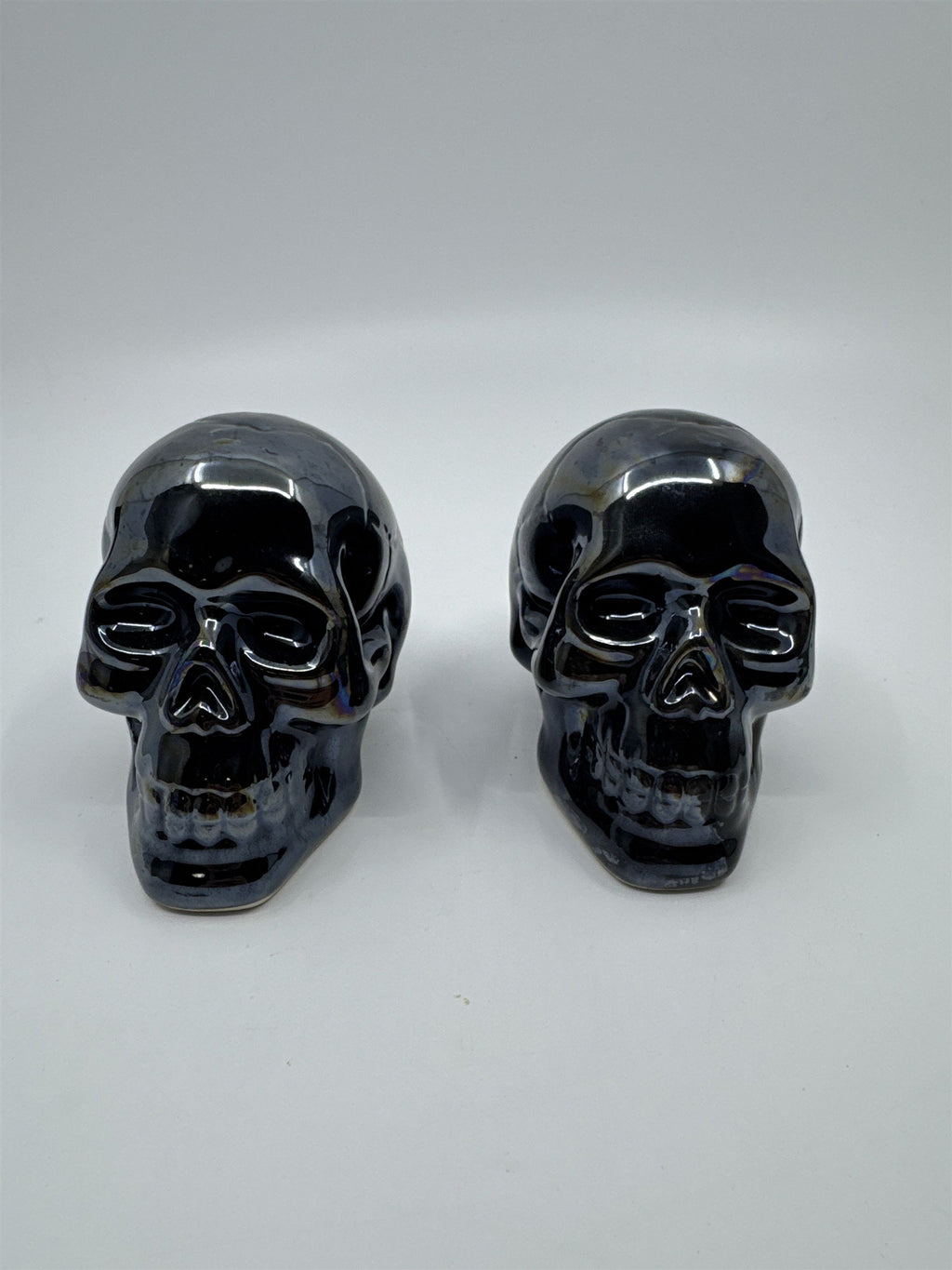 Set of Two Blue Shiny Ceramic Halloween Decor Skulls