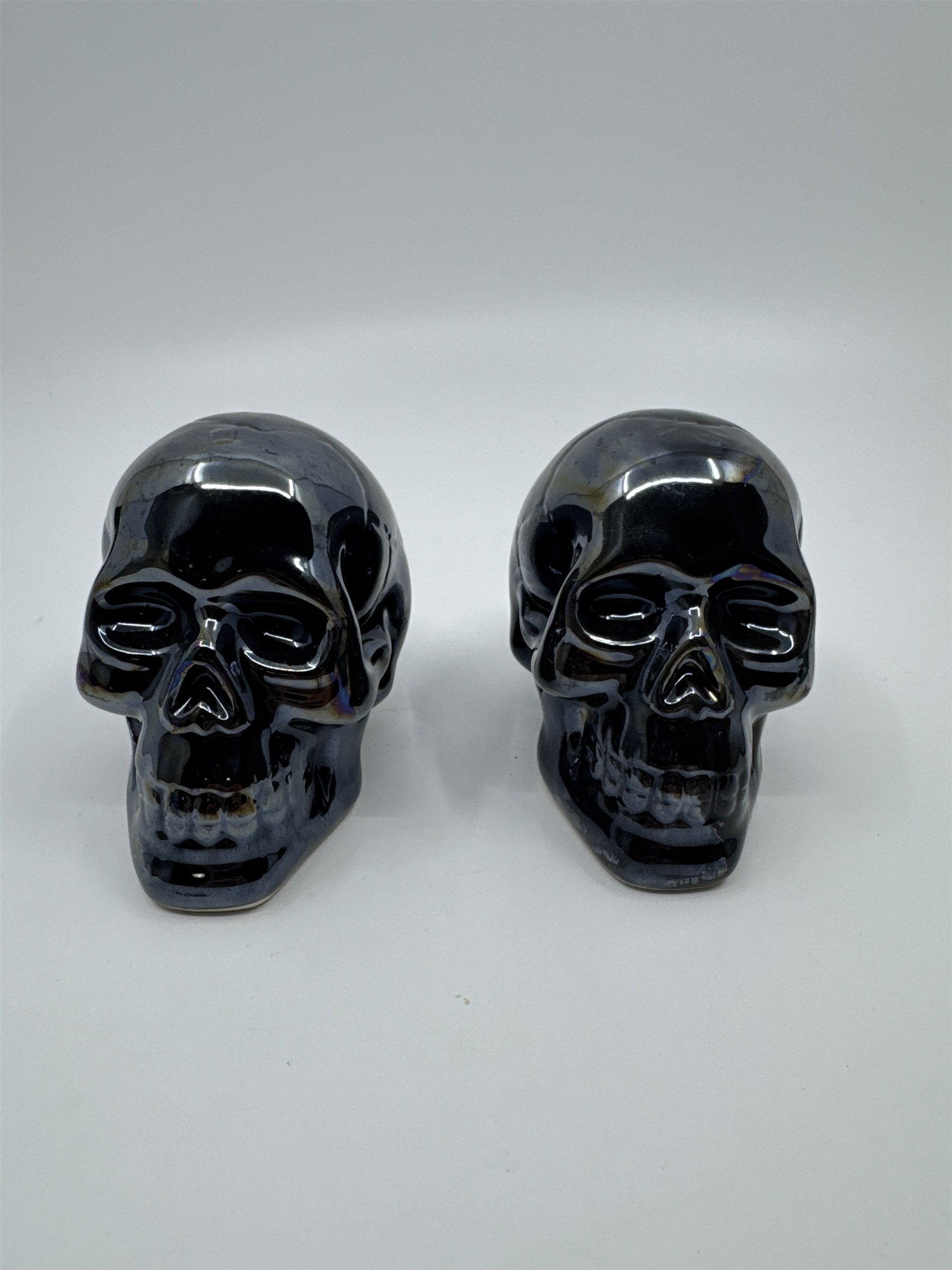 Set of Two Blue Shiny Ceramic Halloween Decor Skulls