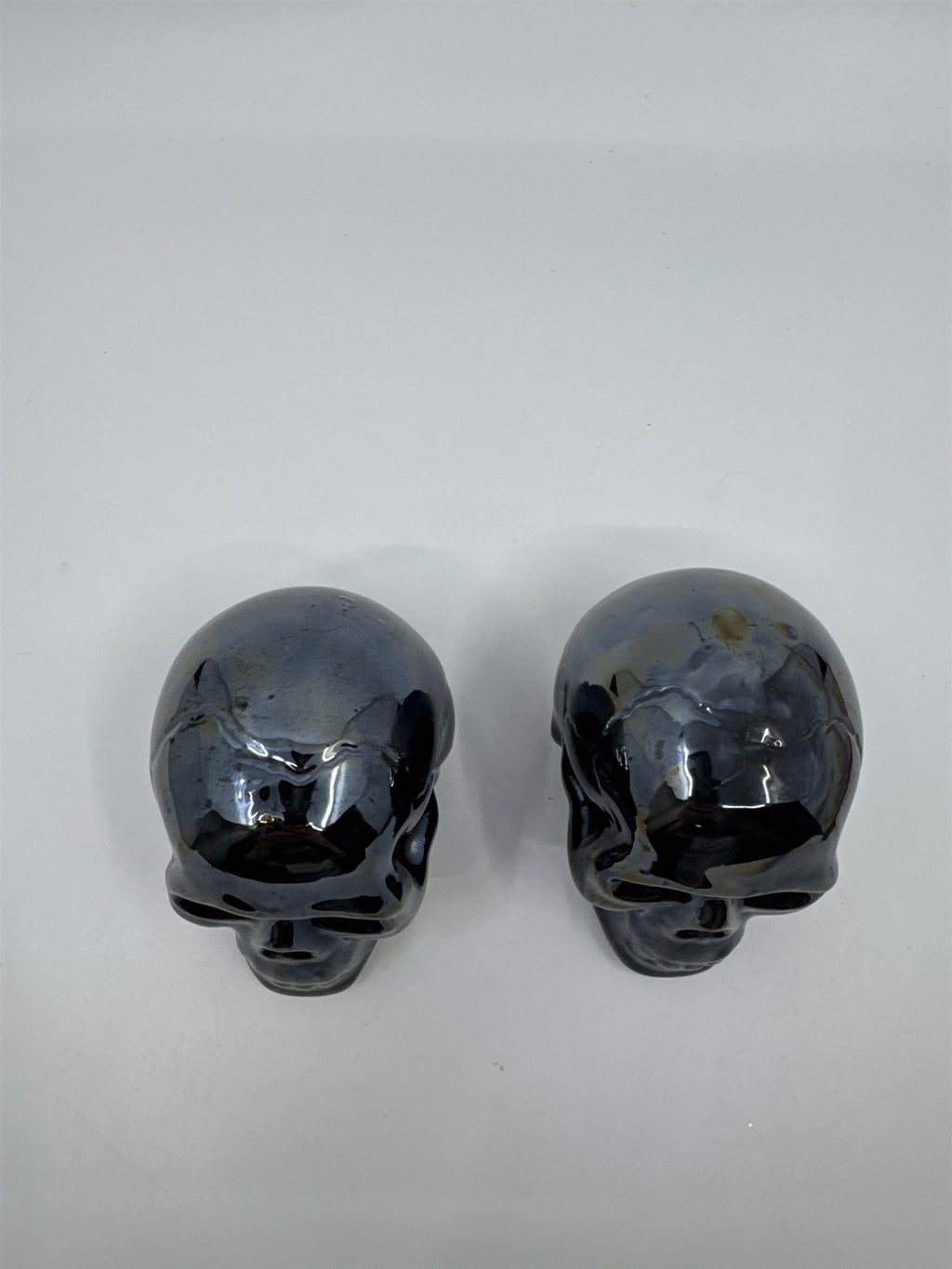 Set of Two Blue Shiny Ceramic Halloween Decor Skulls