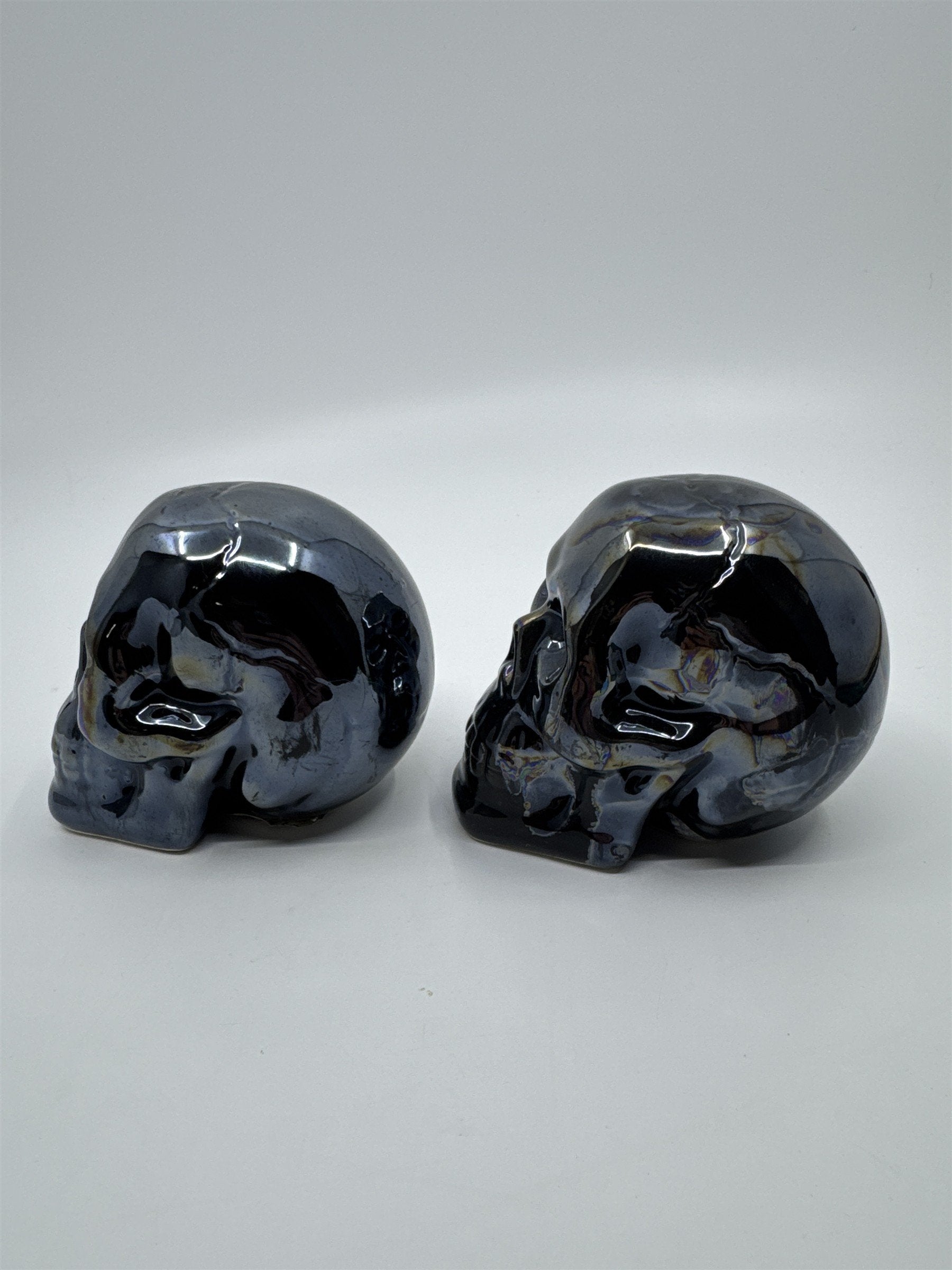 Set of Two Blue Shiny Ceramic Halloween Decor Skulls