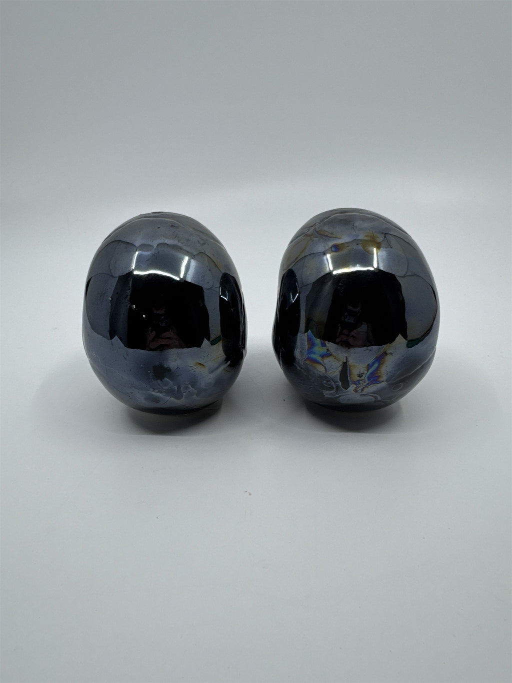 Set of Two Blue Shiny Ceramic Halloween Decor Skulls