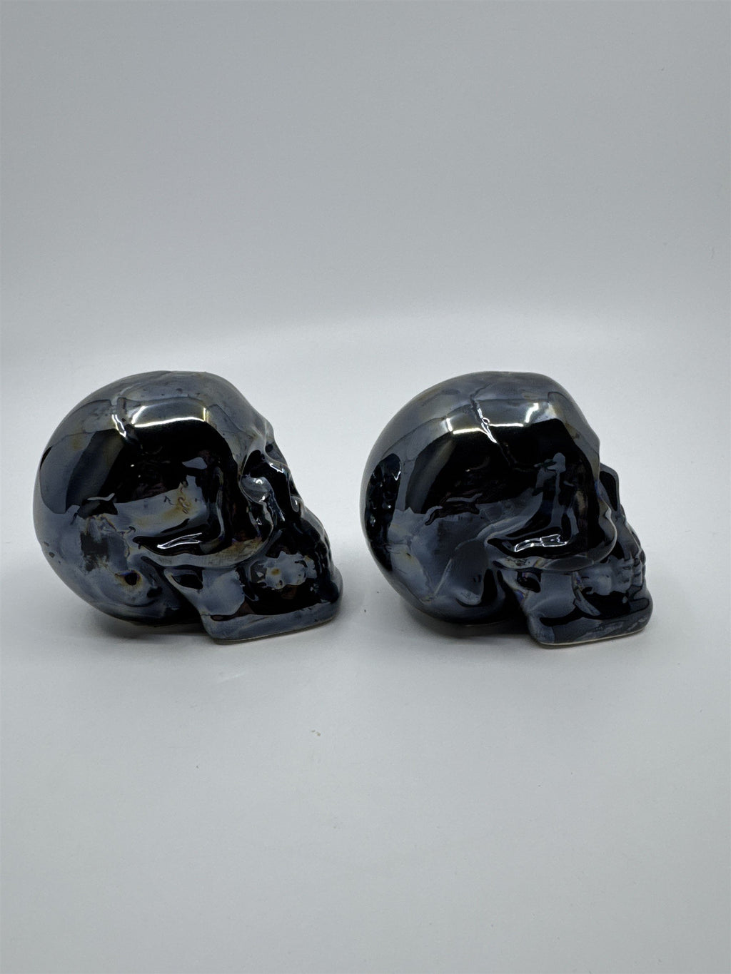 Set of Two Blue Shiny Ceramic Halloween Decor Skulls