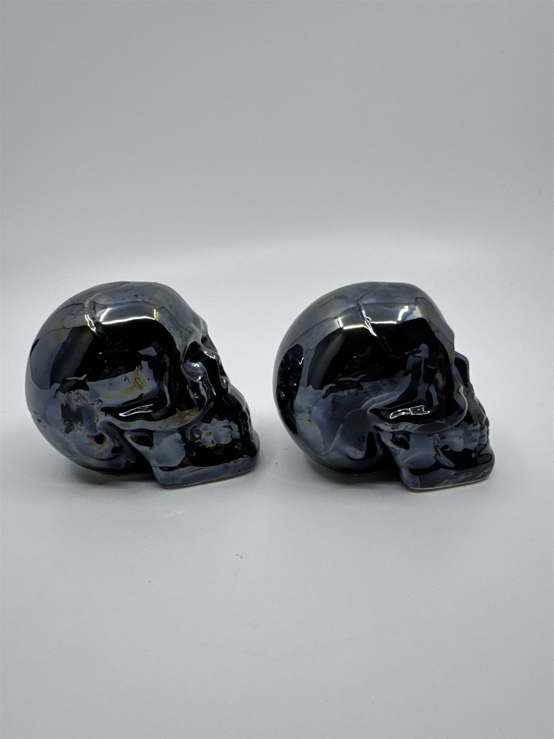 Set of Two Blue Shiny Ceramic Halloween Decor Skulls