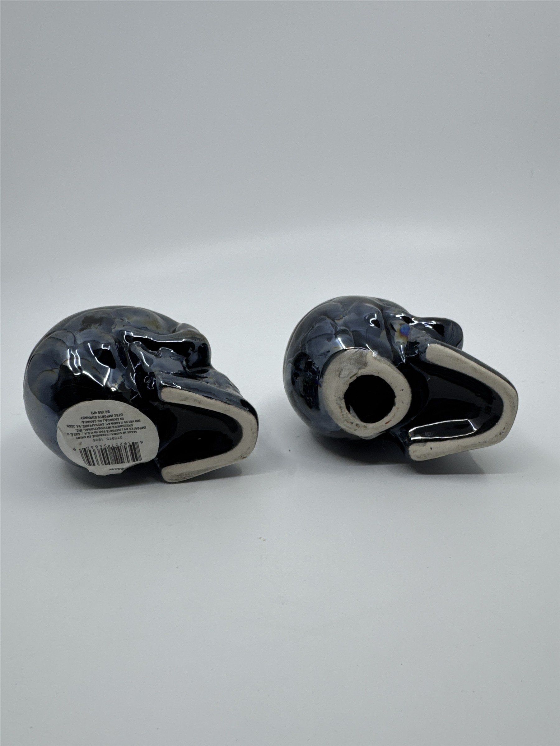 Set of Two Blue Shiny Ceramic Halloween Decor Skulls