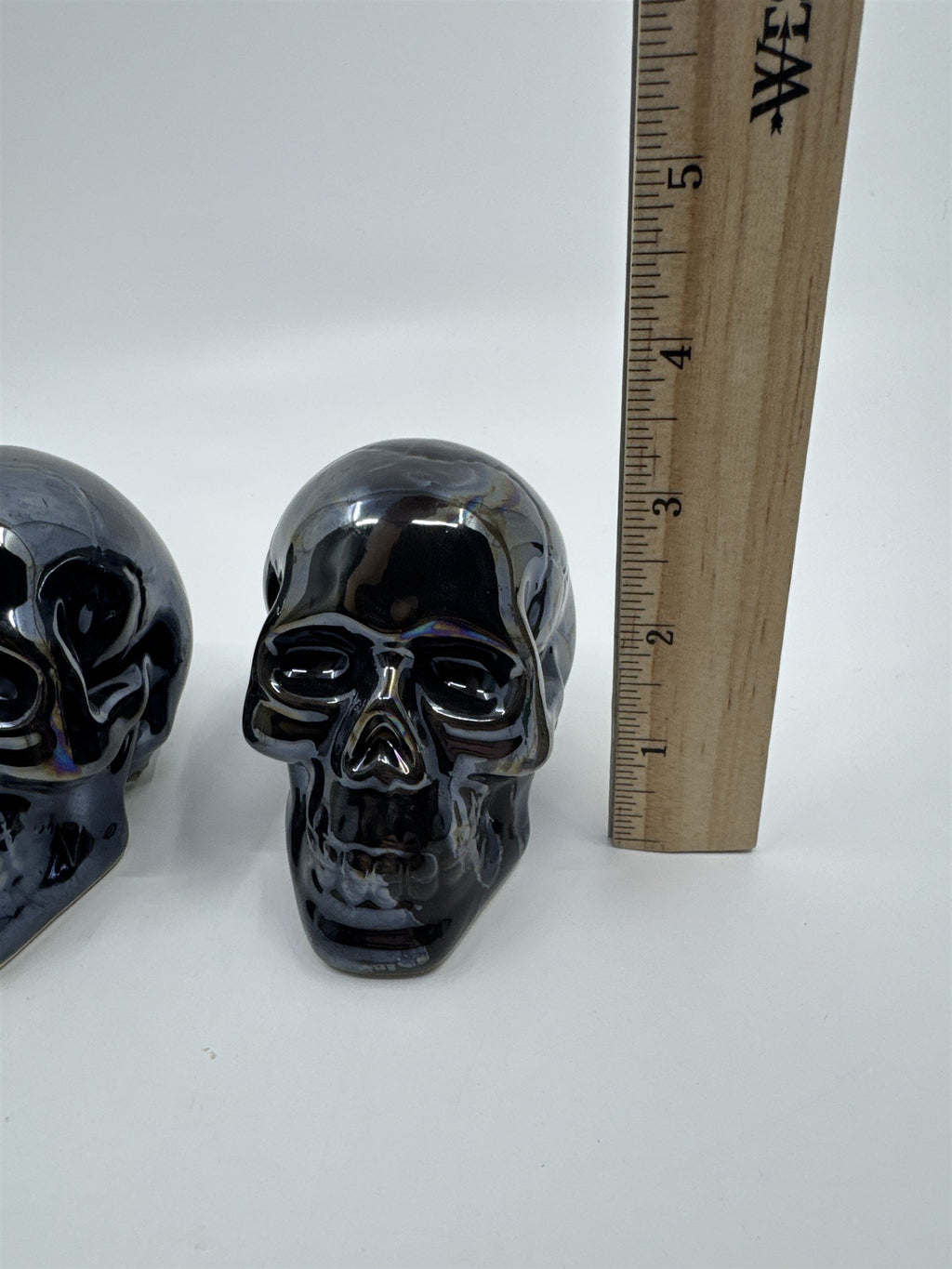 Set of Two Blue Shiny Ceramic Halloween Decor Skulls