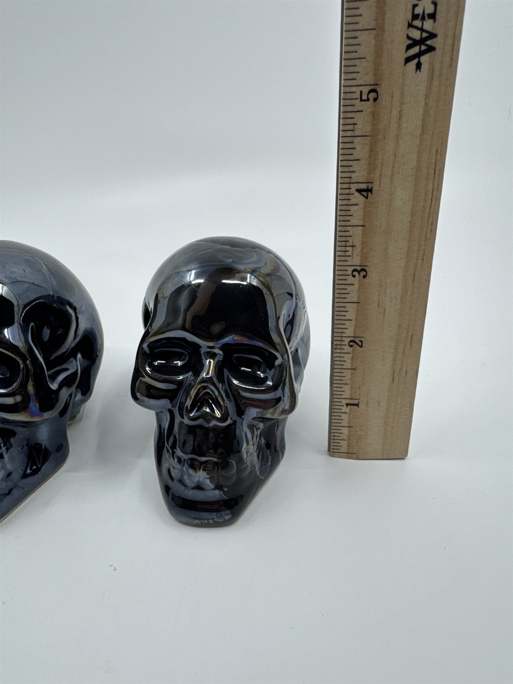 Set of Two Blue Shiny Ceramic Halloween Decor Skulls